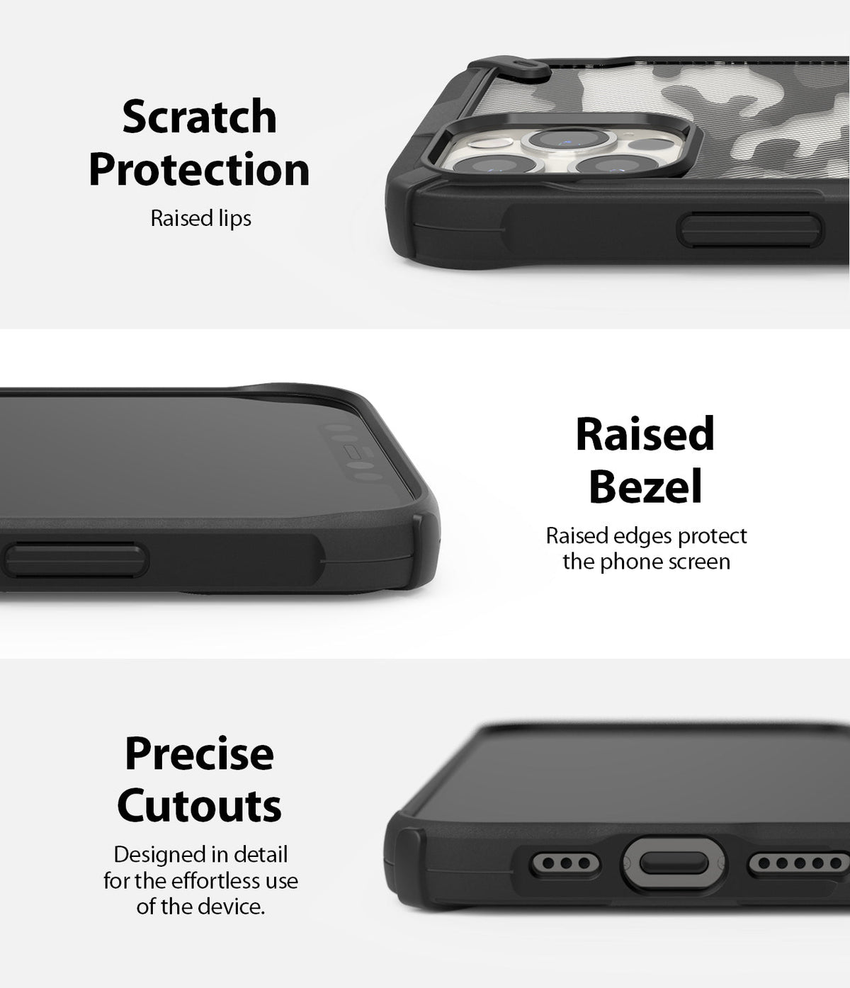 iPhone 12 / 12 Pro Case | Fusion-X - Close-ups showing raised camera lips, screen bezel protection, and precise port cutouts.