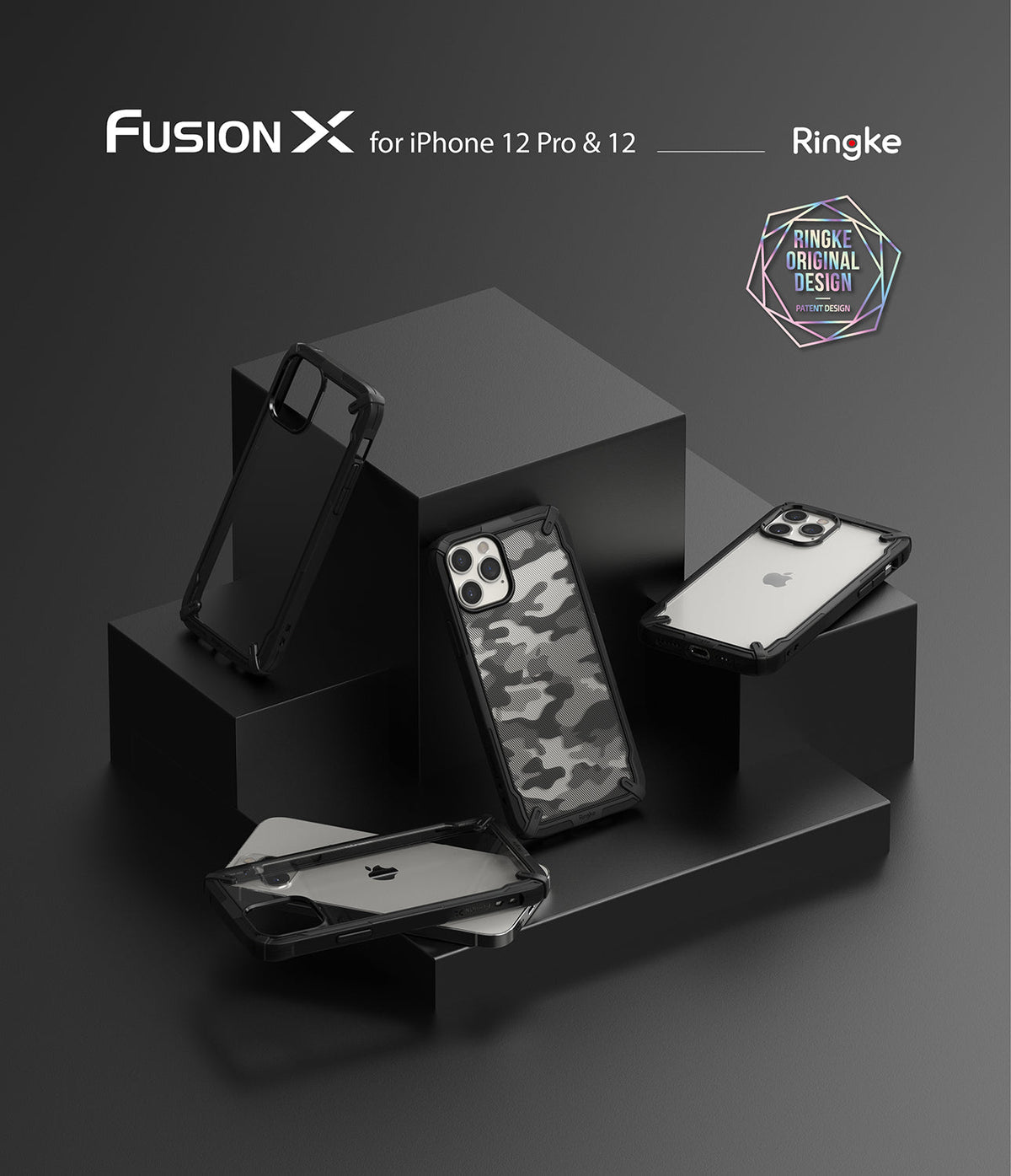 iPhone 12 / 12 Pro Case | Fusion-X - Four Fusion-X phone cases in clear and camo patterns displayed on black pedestals.