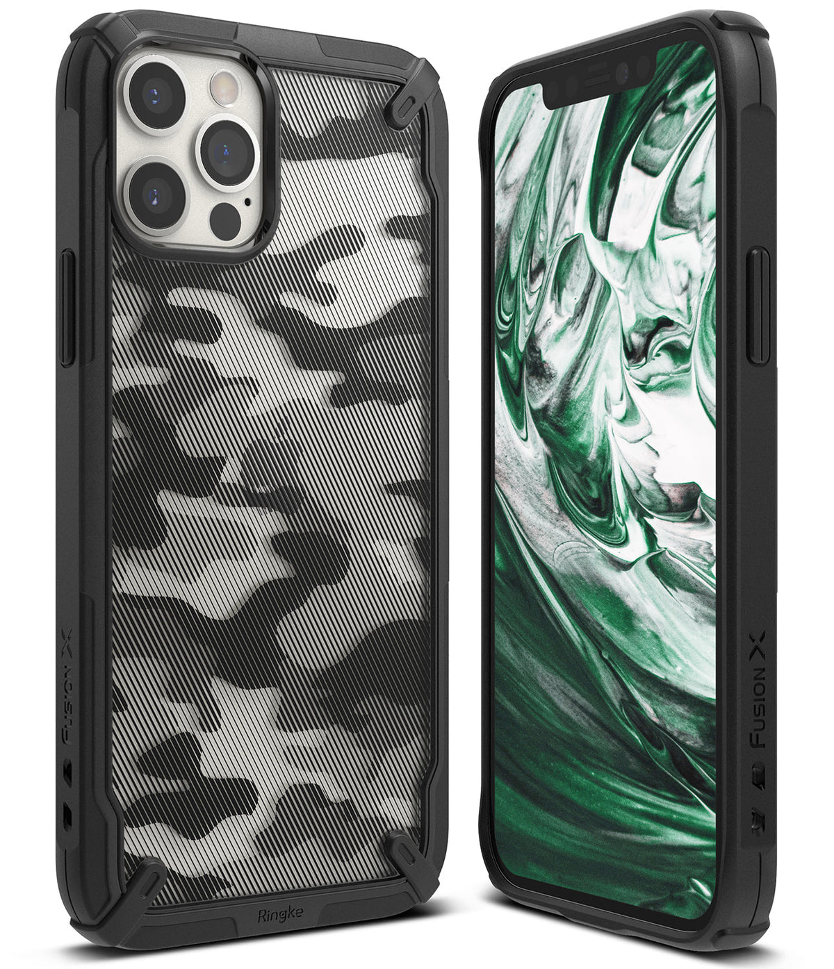 iPhone 12 Pro Max Case | Fusion-X - Black rugged case with camo back and green marble screen display on iPhone.