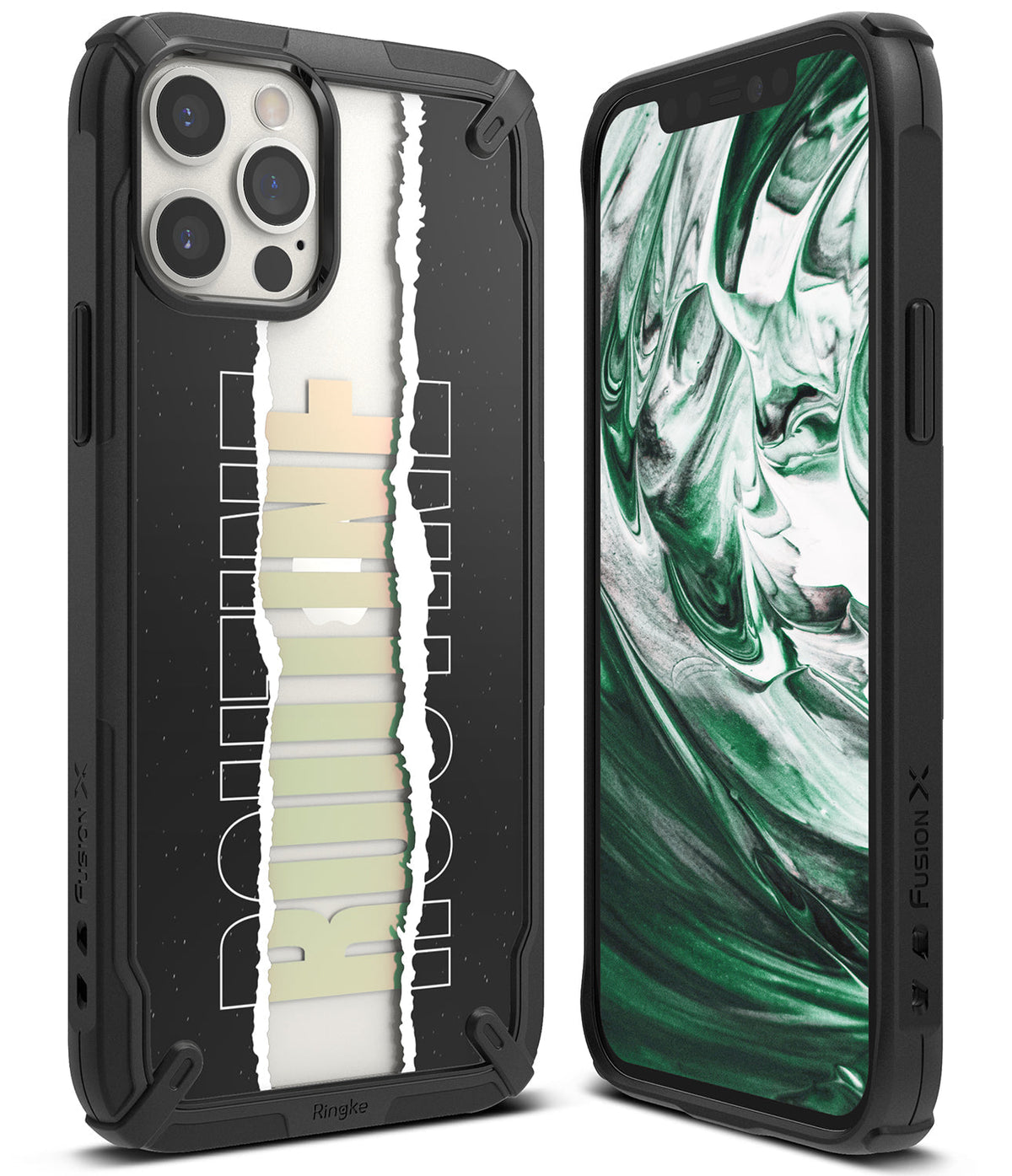 iPhone 12 / 12 Pro Case | Fusion-X Design - Black rugged case with a torn paper graphic and green marble screen display.