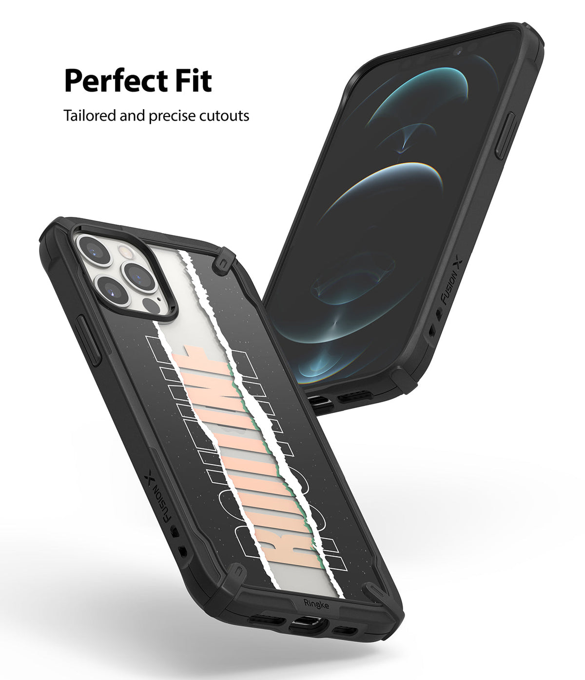 iPhone 12 Pro Max Case | Fusion-X Design - Black Fusion-X phone case with a torn paper graphic showing a phone with precise cutouts.