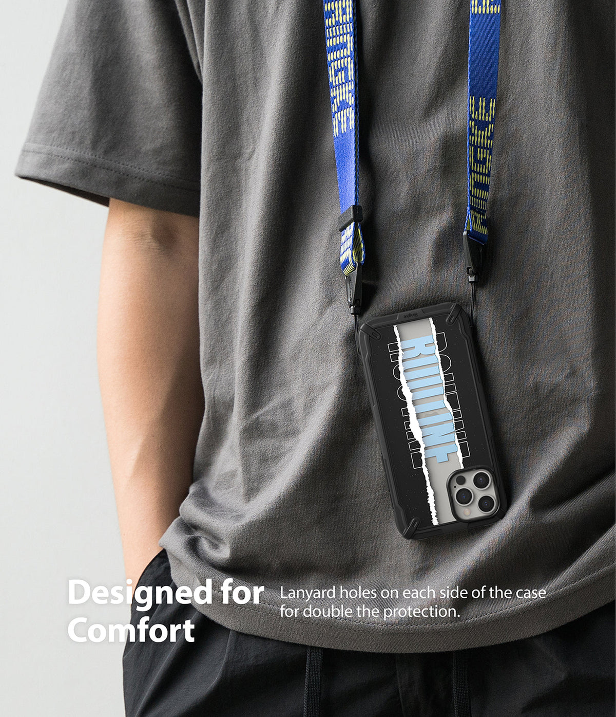 iPhone 12 Pro Max Case | Fusion-X Design - Black phone case with blue lanyard hanging around a person's neck.