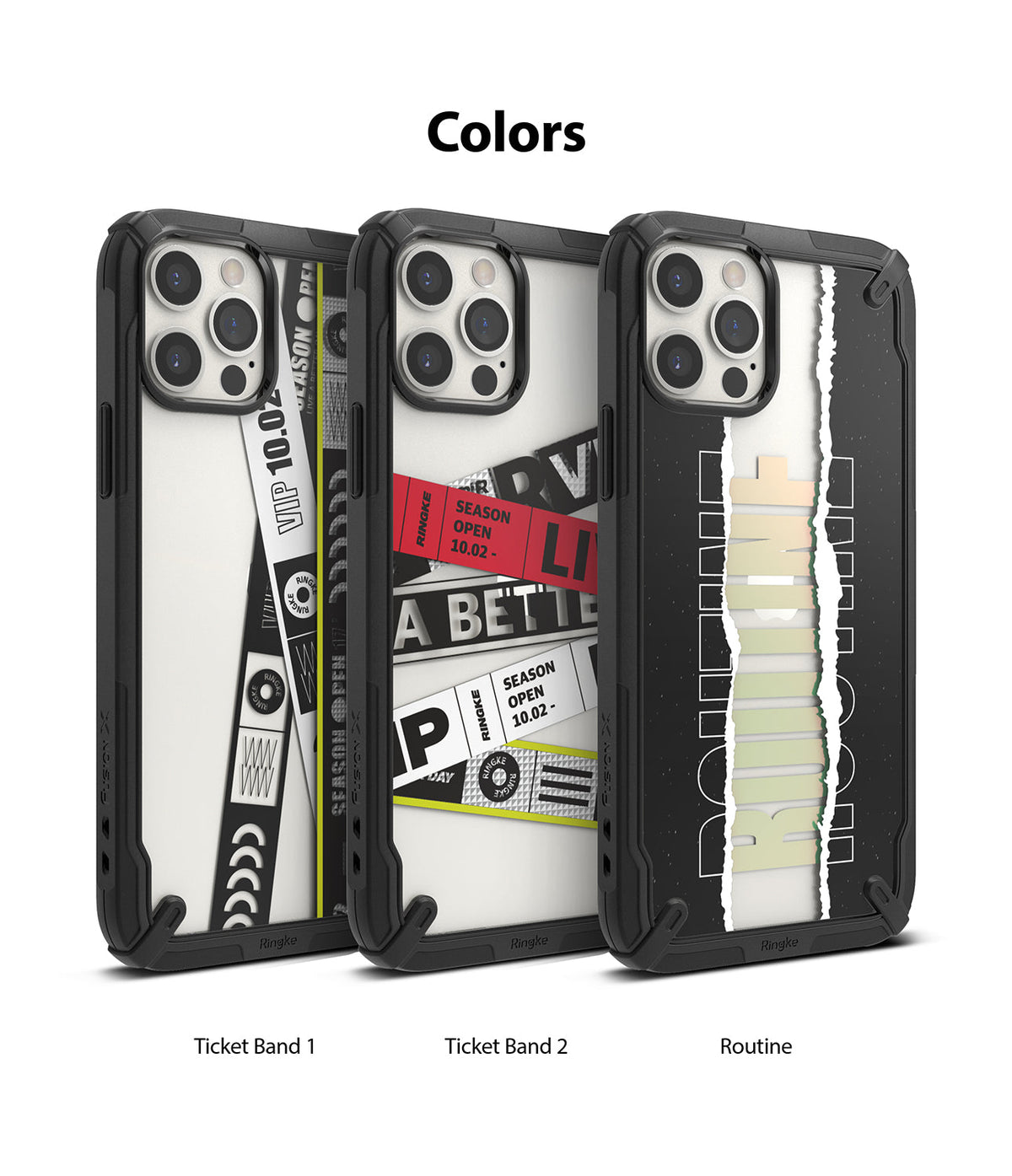 iPhone 12 / 12 Pro Case | Fusion-X Design - Three iPhone cases with Ticket Band 1, Ticket Band 2, and Routine graphic designs.
