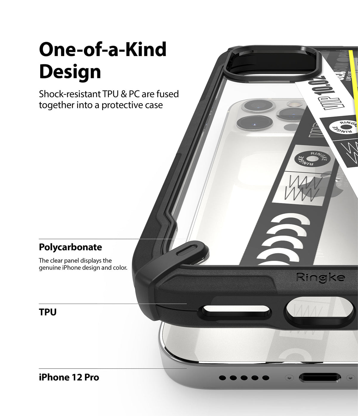 iPhone 12 Pro Max Case | Fusion-X Design - iPhone 12 Pro Max Case - Fusion-X Design - Close-up of a clear iPhone case with a black shock-resistant frame and protective bumper.