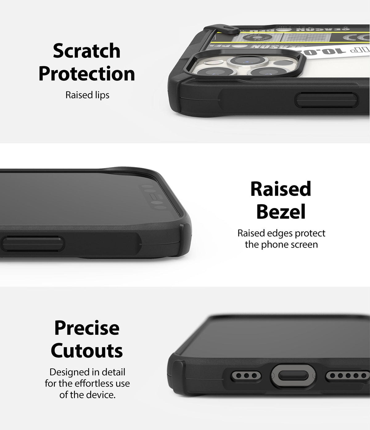 iPhone 12 Pro Max Case | Fusion-X Design - Close-ups showing raised camera lips, screen bezels, and precise port cutouts.
