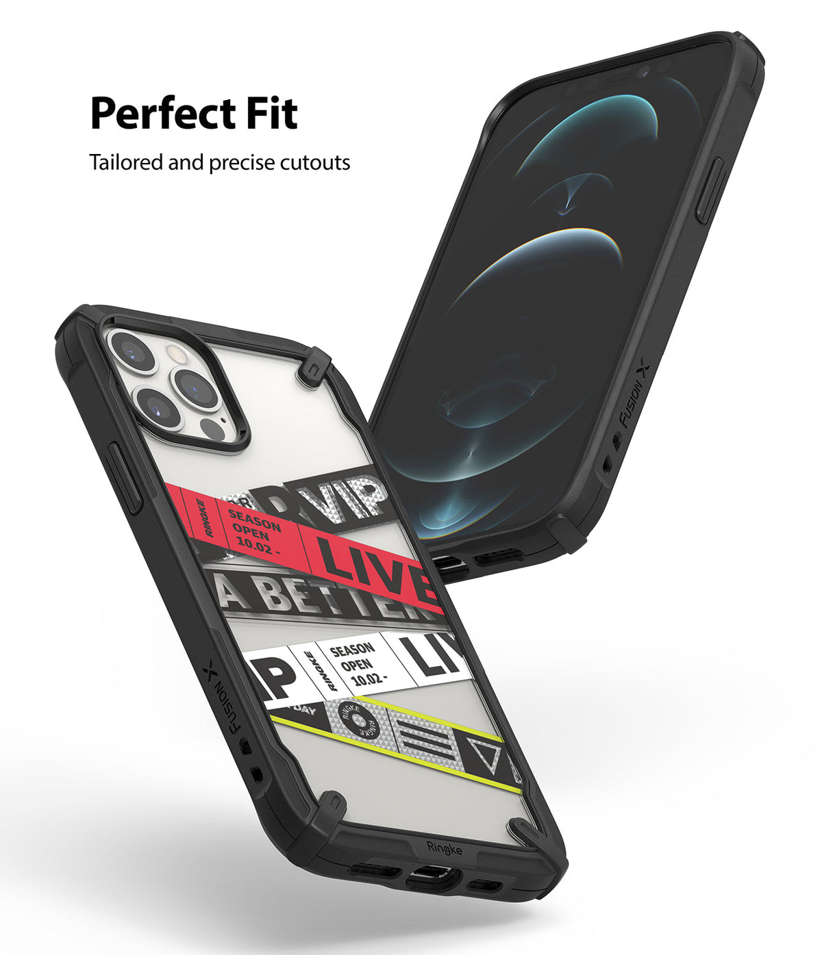 iPhone 12 / 12 Pro Case | Fusion-X Design - Black Fusion-X case on an iPhone 12 showing precise cutouts and a clear back.