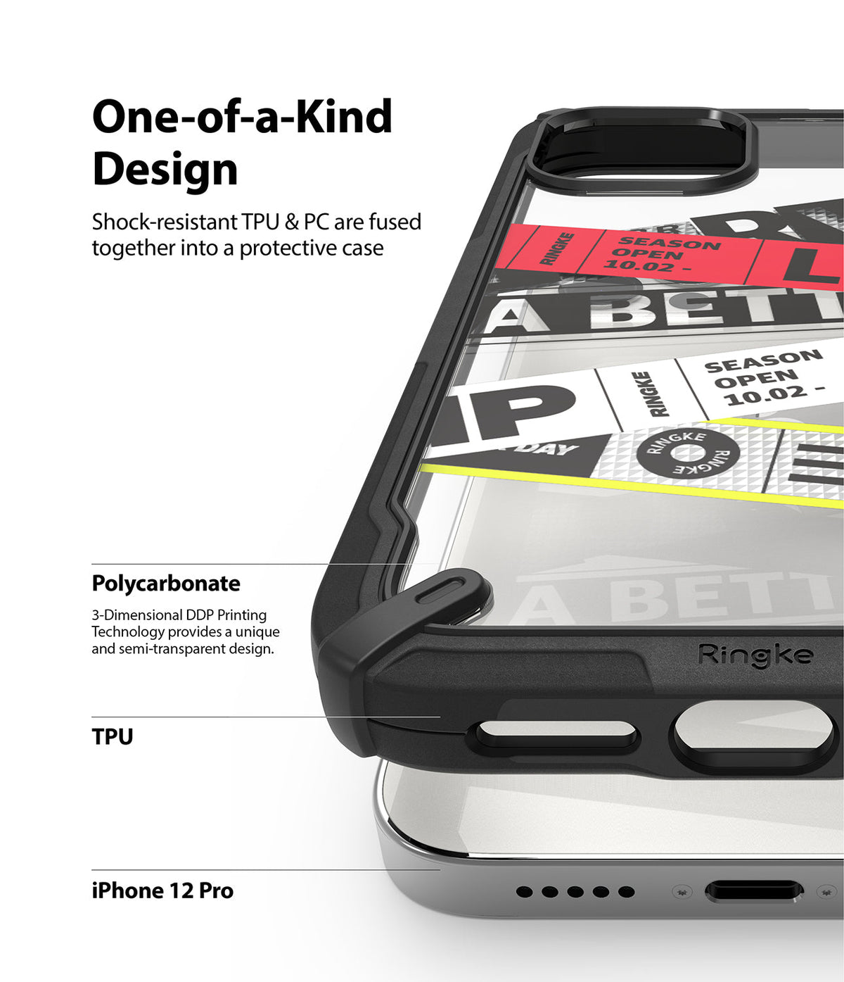 iPhone 12 Pro Max Case | Fusion-X Design - Close-up of a black protective phone case with a graphic print on a clear back.