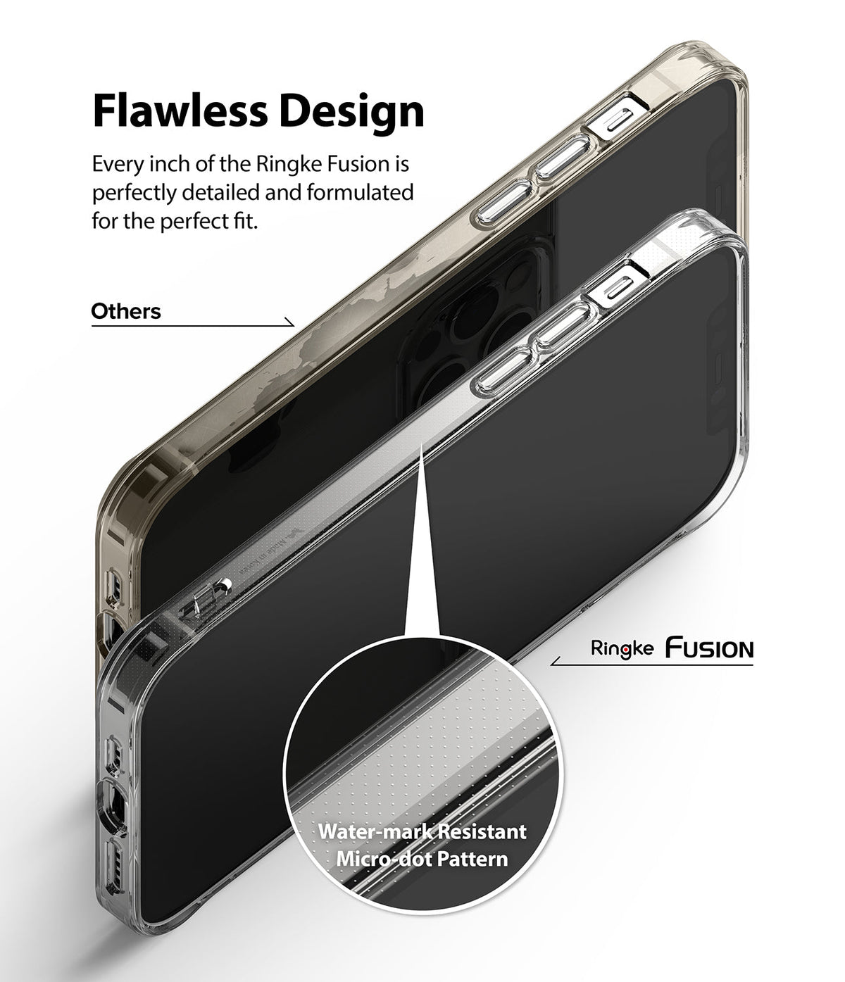 iPhone 12 / 12 Pro Case | Fusion - Comparison of a clear phone case with micro-dot pattern versus a standard case.