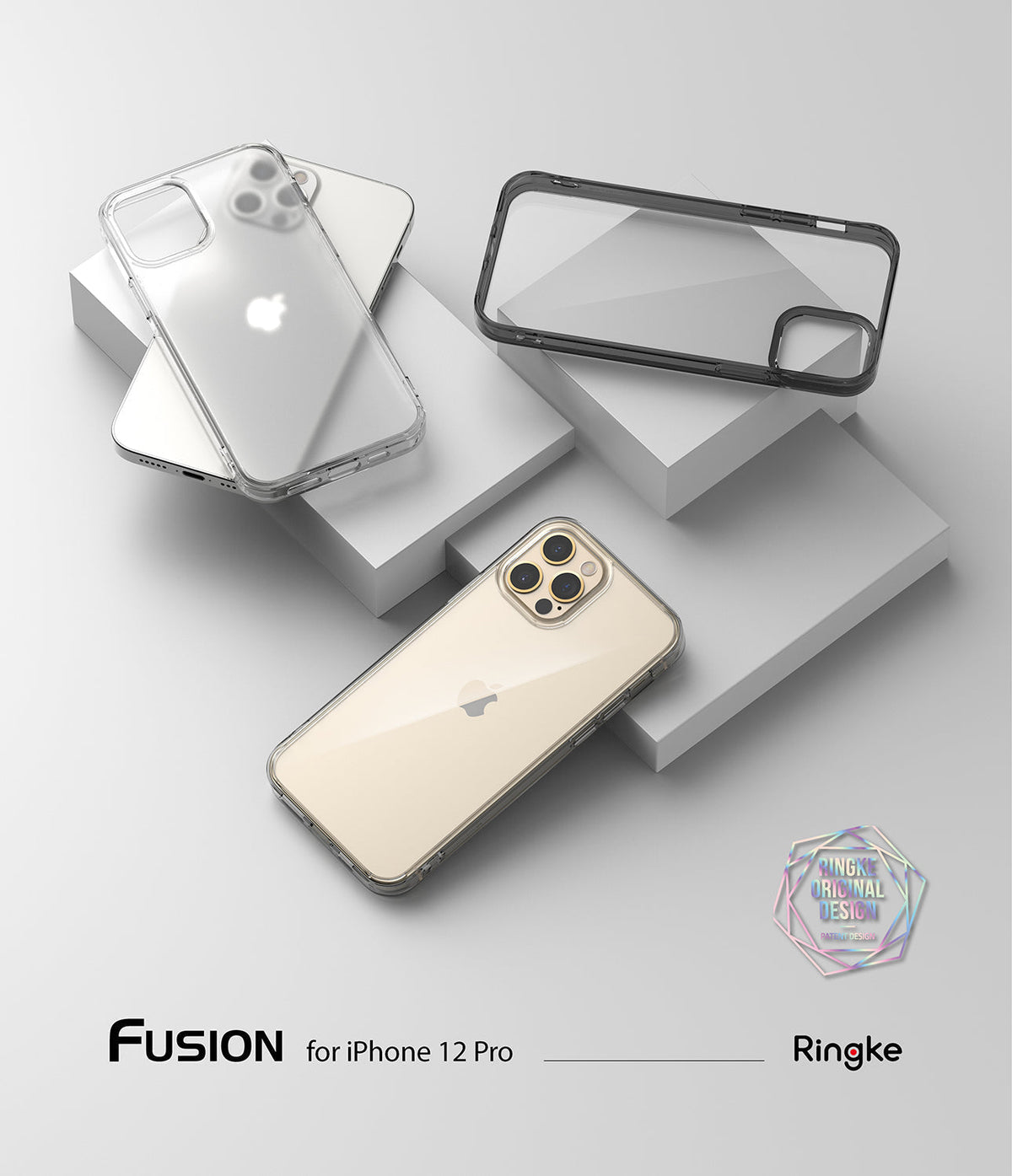 iPhone 12 / 12 Pro Case | Fusion - Clear and black protective phone cases displayed on white geometric blocks.