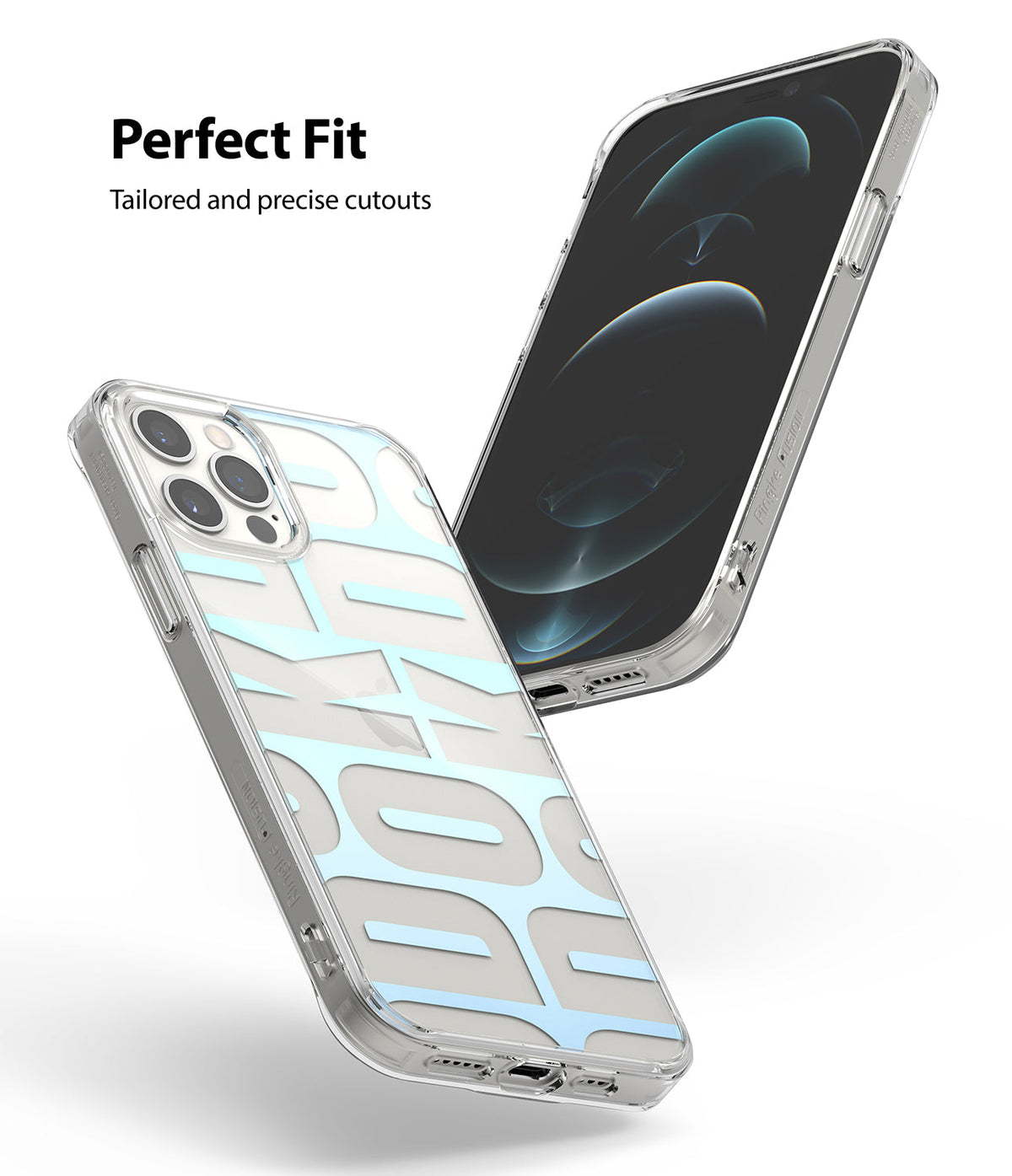 iPhone 12 / 12 Pro Case | Fusion Design - Two clear iPhone 12 cases with precise cutouts and a light blue graphic pattern.