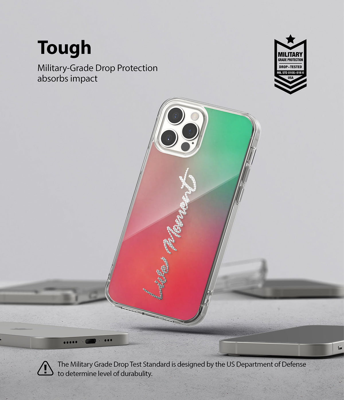 iPhone 12 / 12 Pro Case | Fusion Design - Clear phone case with pink-green gradient and rhinestone text on a gray surface.