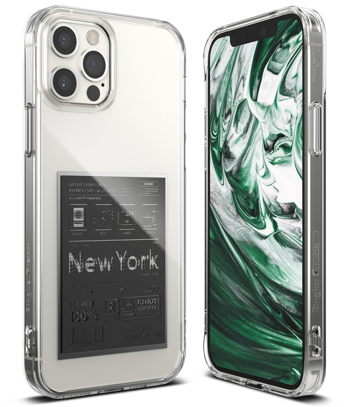 iPhone 12 / 12 Pro Case | Fusion Design - Clear phone case with New York travel-themed graphic on back and green marble screen.