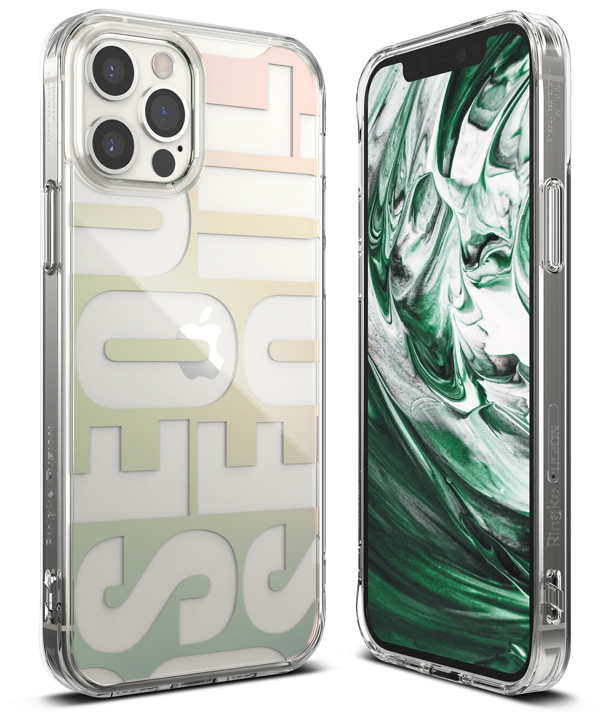 iPhone 12 / 12 Pro Case | Fusion Design - Clear phone case with a pastel "SEOUL" graphic and a green marble screen display.