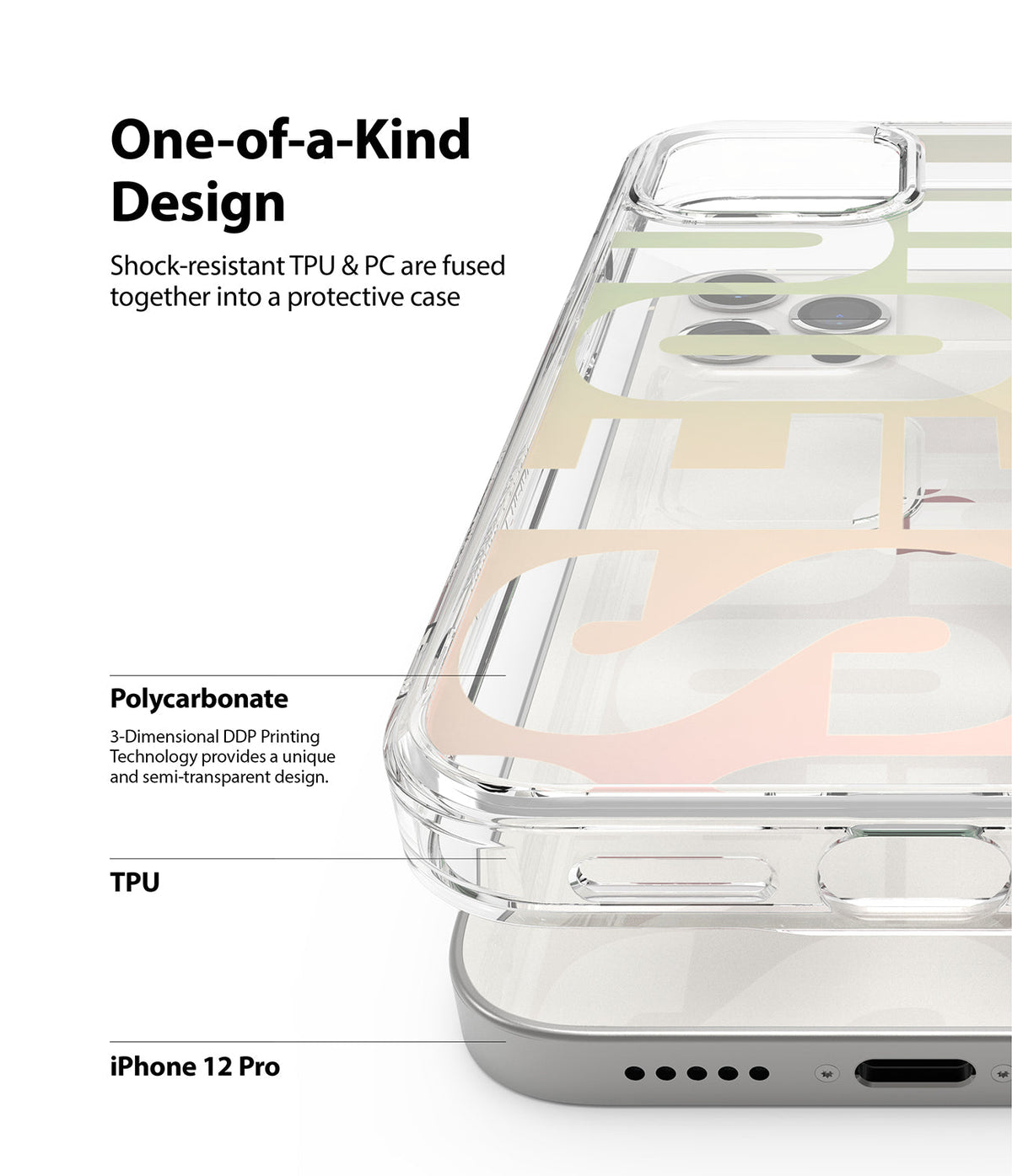 iPhone 12 / 12 Pro Case | Fusion Design - Clear phone case with layered TPU and polycarbonate showing 3D printed graphics.