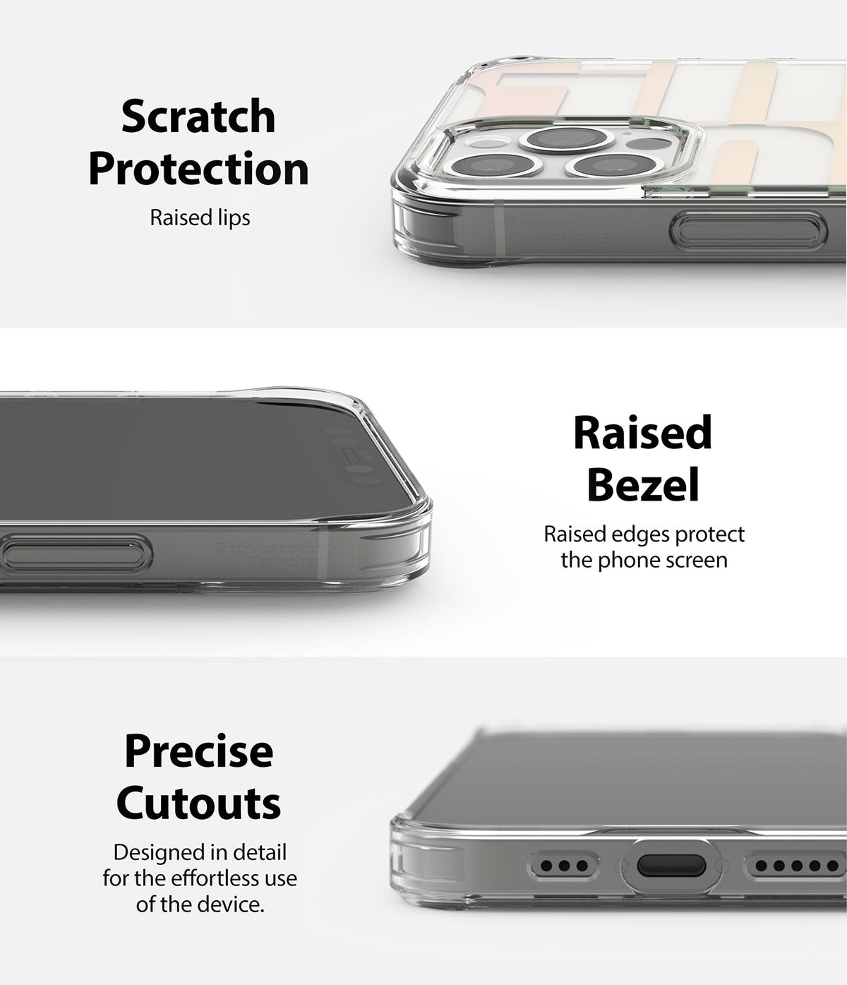 iPhone 12 / 12 Pro Case | Fusion Design - Three close-up views showing raised camera lips, screen bezels, and port cutouts.