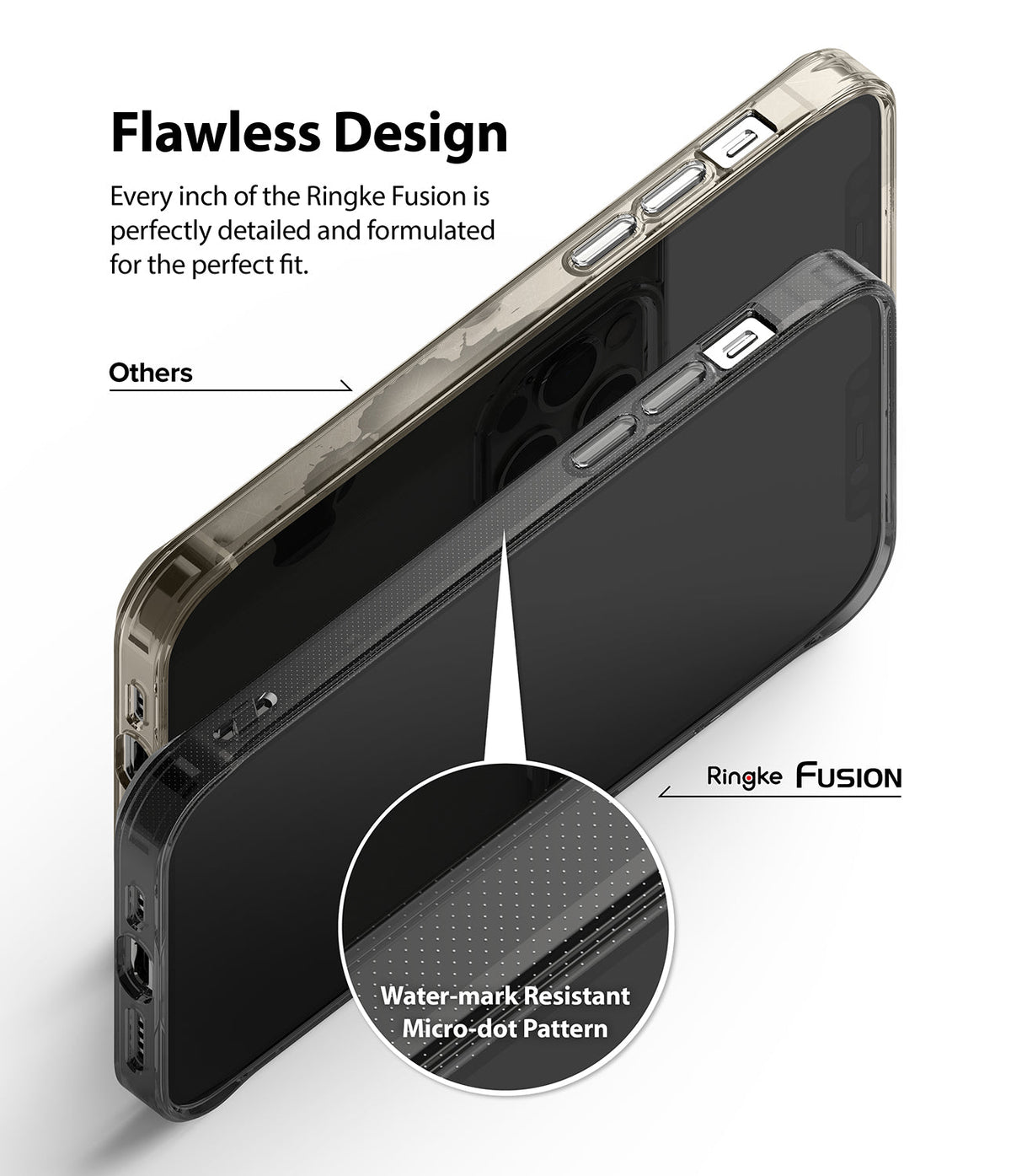 iPhone 12 / 12 Pro Case | Fusion - Comparison showing Ringke Fusion micro-dot pattern vs. standard case watermarking.