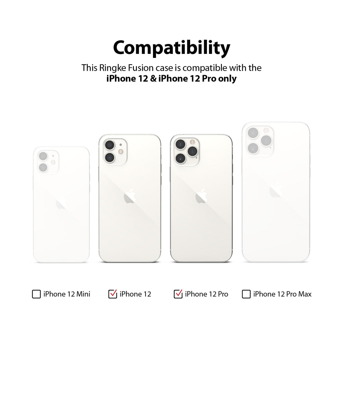 iPhone 12 / 12 Pro Case | Fusion - Compatibility chart showing iPhone 12 and 12 Pro checked as compatible models.