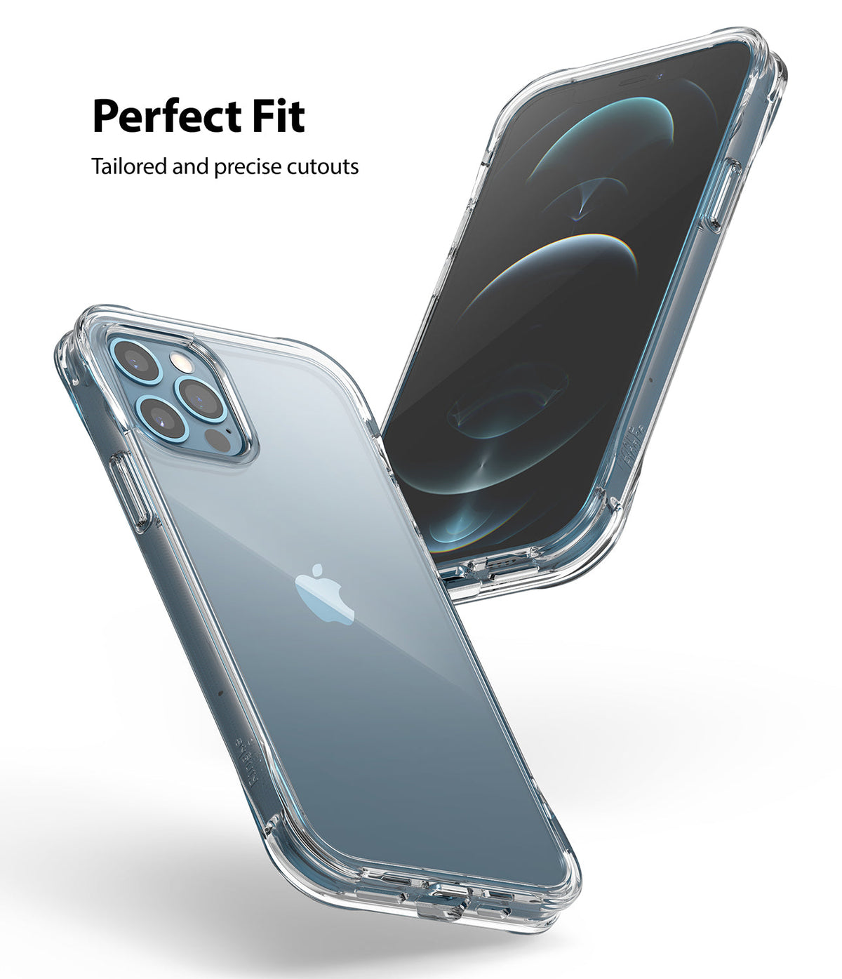 iPhone 12 / 12 Pro Case | Fusion Plus - Two views of a clear phone case on an iPhone 12, highlighting precise cutouts.