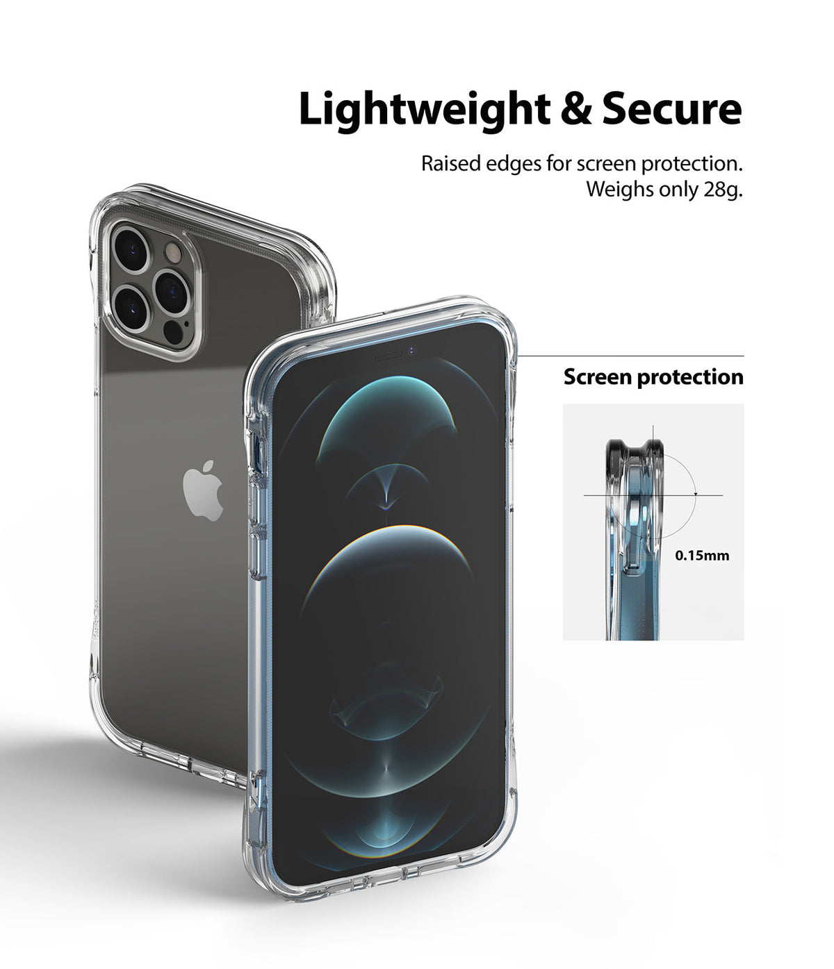 iPhone 12 / 12 Pro Case | Fusion Plus - Clear phone case showing front and back views with a 0.15mm raised edge detail.