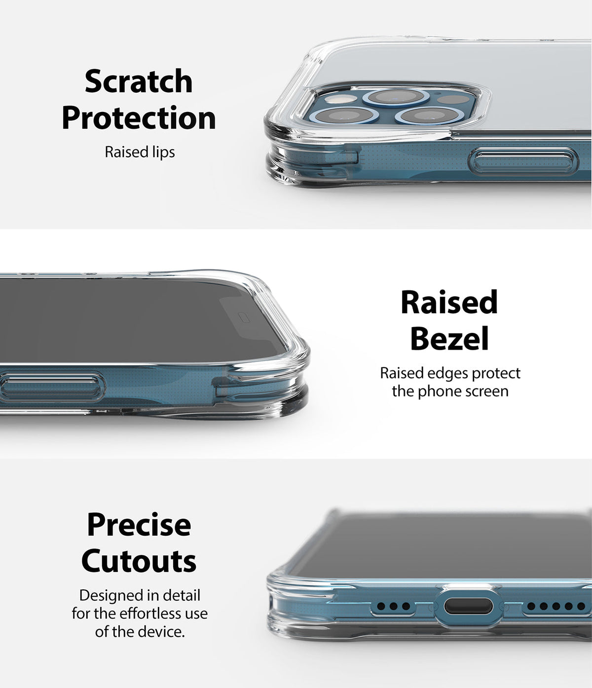 iPhone 12 / 12 Pro Case | Fusion Plus - Three close-up views showing raised camera lips, screen bezels, and precise port cutouts.