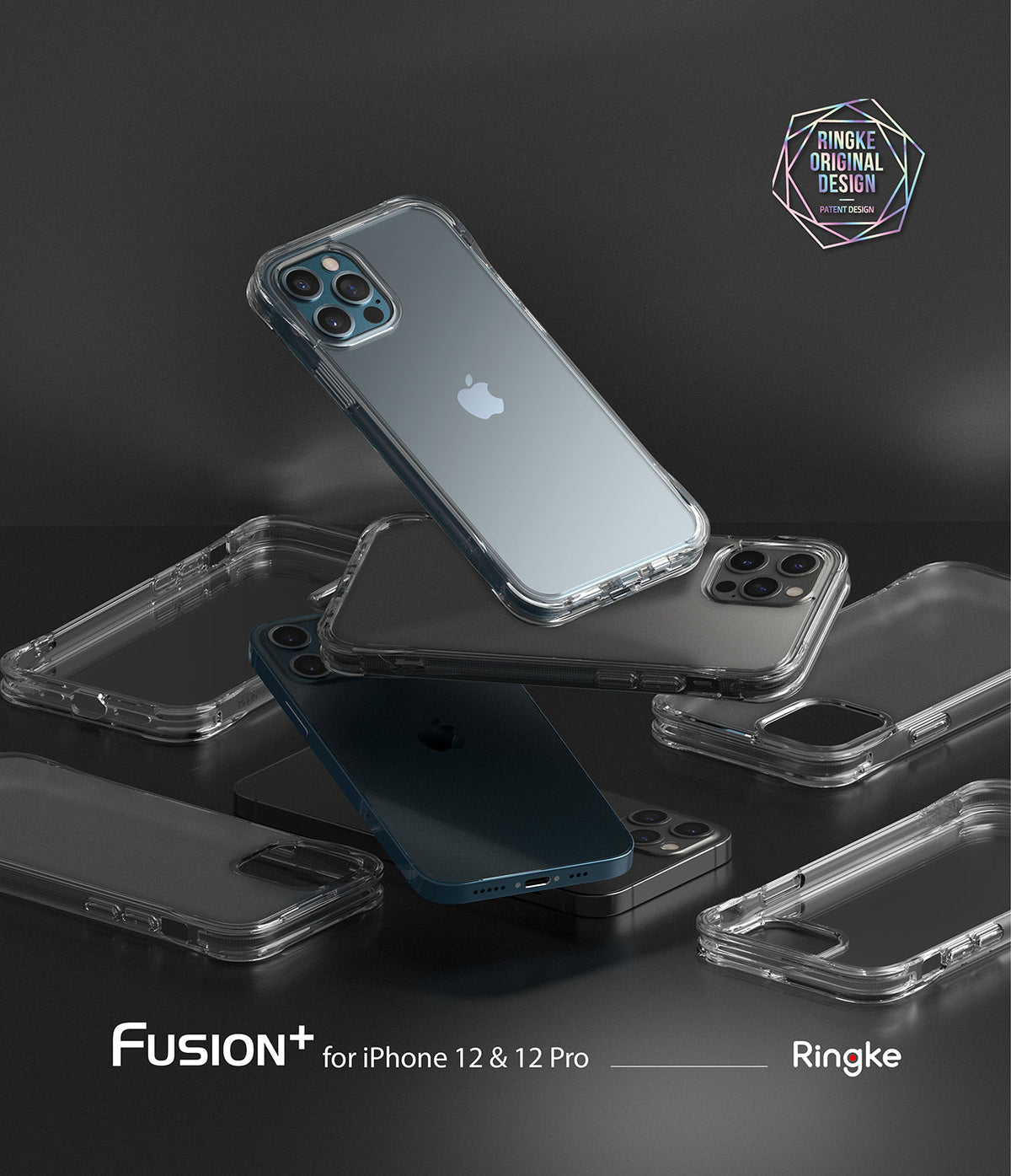 iPhone 12 / 12 Pro Case | Fusion Plus - Multiple clear protective cases and dark blue iPhones stacked on a dark surface.