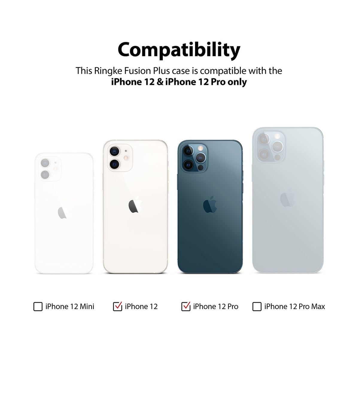 iPhone 12 / 12 Pro Case | Fusion Plus - Compatibility chart showing iPhone 12 and 12 Pro checked for case fit.