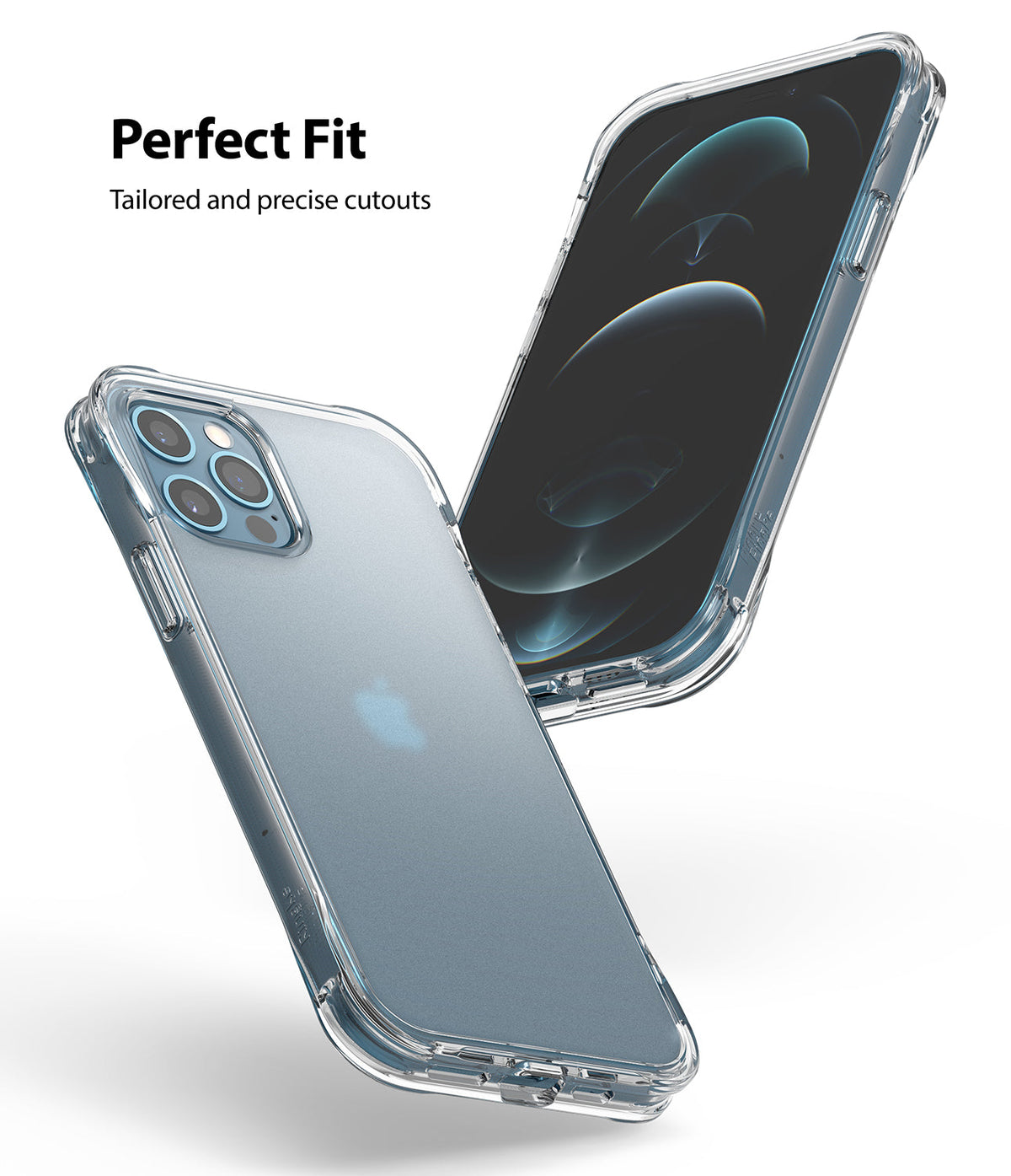 iPhone 12 / 12 Pro Case | Fusion Plus - Two views of an iPhone 12 in a clear protective case with precise cutouts.