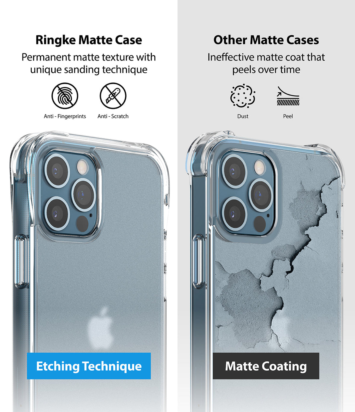 iPhone 12 / 12 Pro Case | Fusion Plus - Comparison of a durable etched matte case versus a peeling matte coated case.