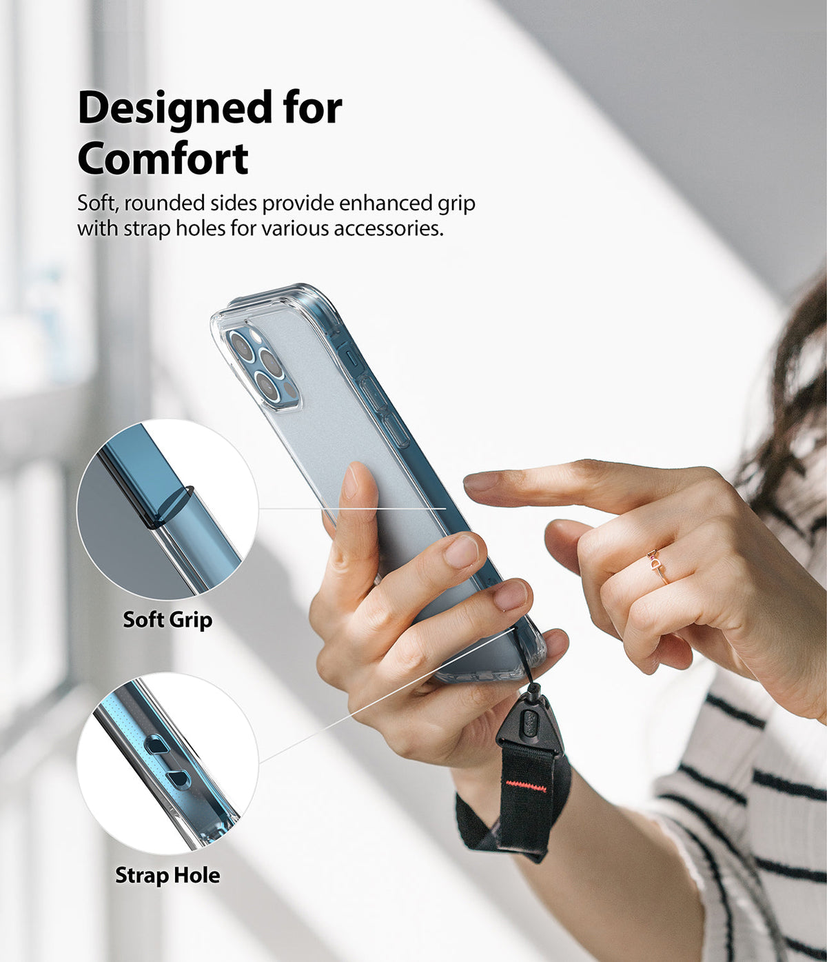 iPhone 12 / 12 Pro Case | Fusion Plus - Person holding a clear phone case with a wrist strap and soft, rounded edges.
