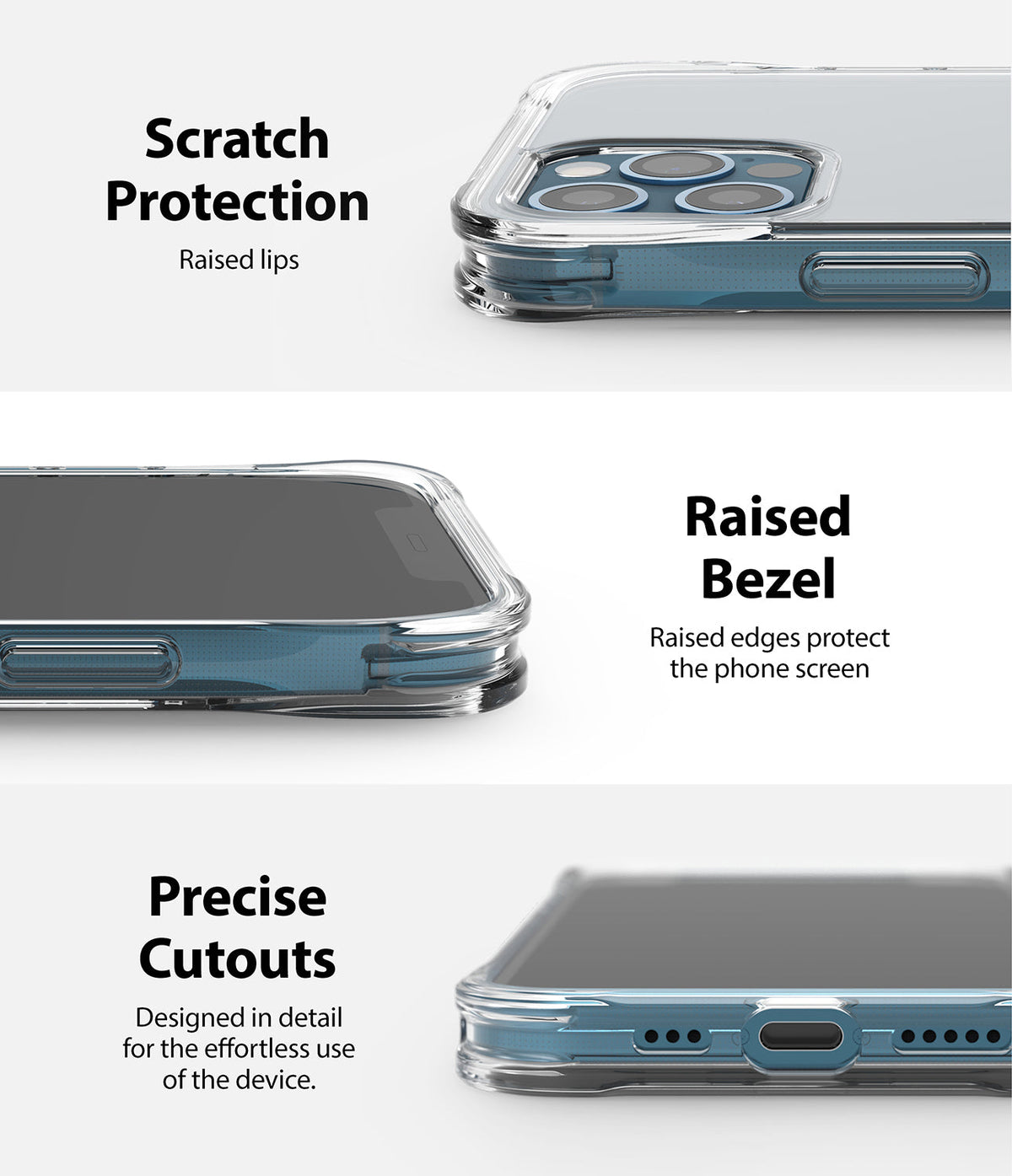 iPhone 12 / 12 Pro Case | Fusion Plus - Close-ups of a clear phone case highlighting raised camera lips, screen bezels, and precise port cutouts.