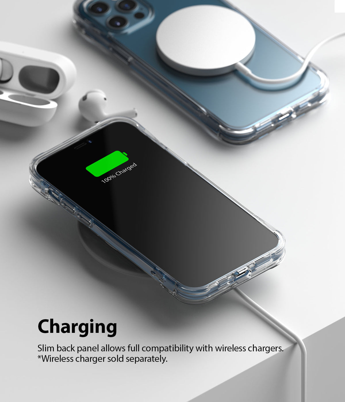 iPhone 12 / 12 Pro Case | Fusion Plus - Clear phone case on a wireless charger showing a 100% battery charge icon.