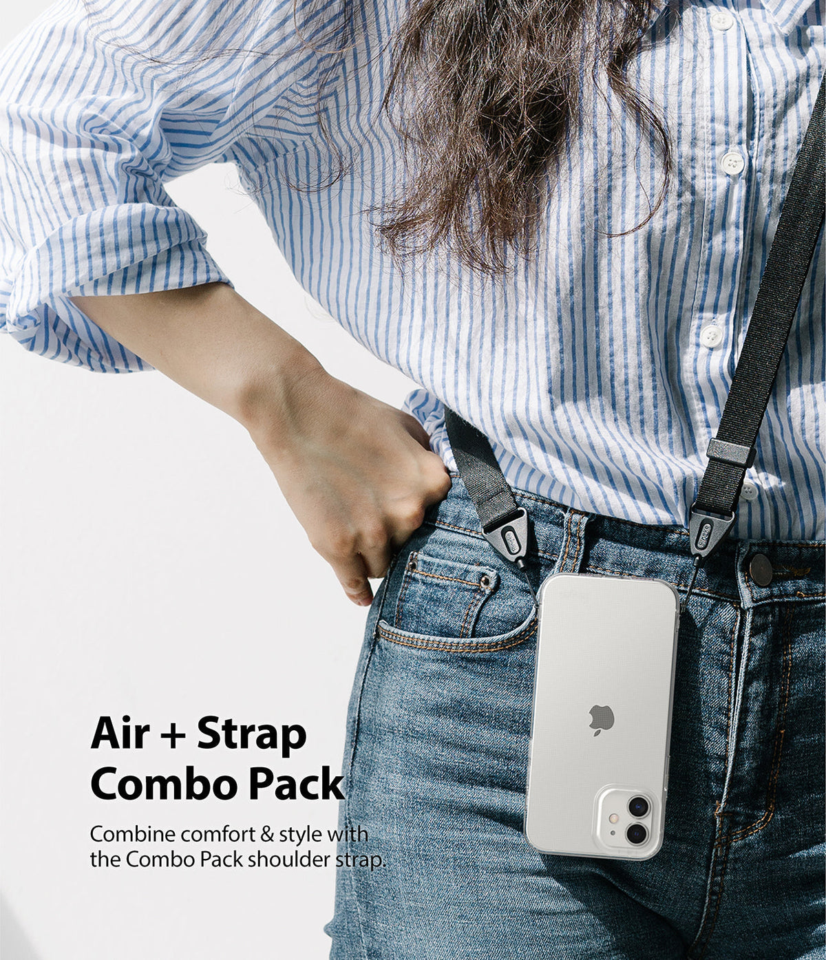 iPhone 12 Mini Case | Air + Shoulder Strap - Clear phone case with a black shoulder strap worn over a blue striped shirt.