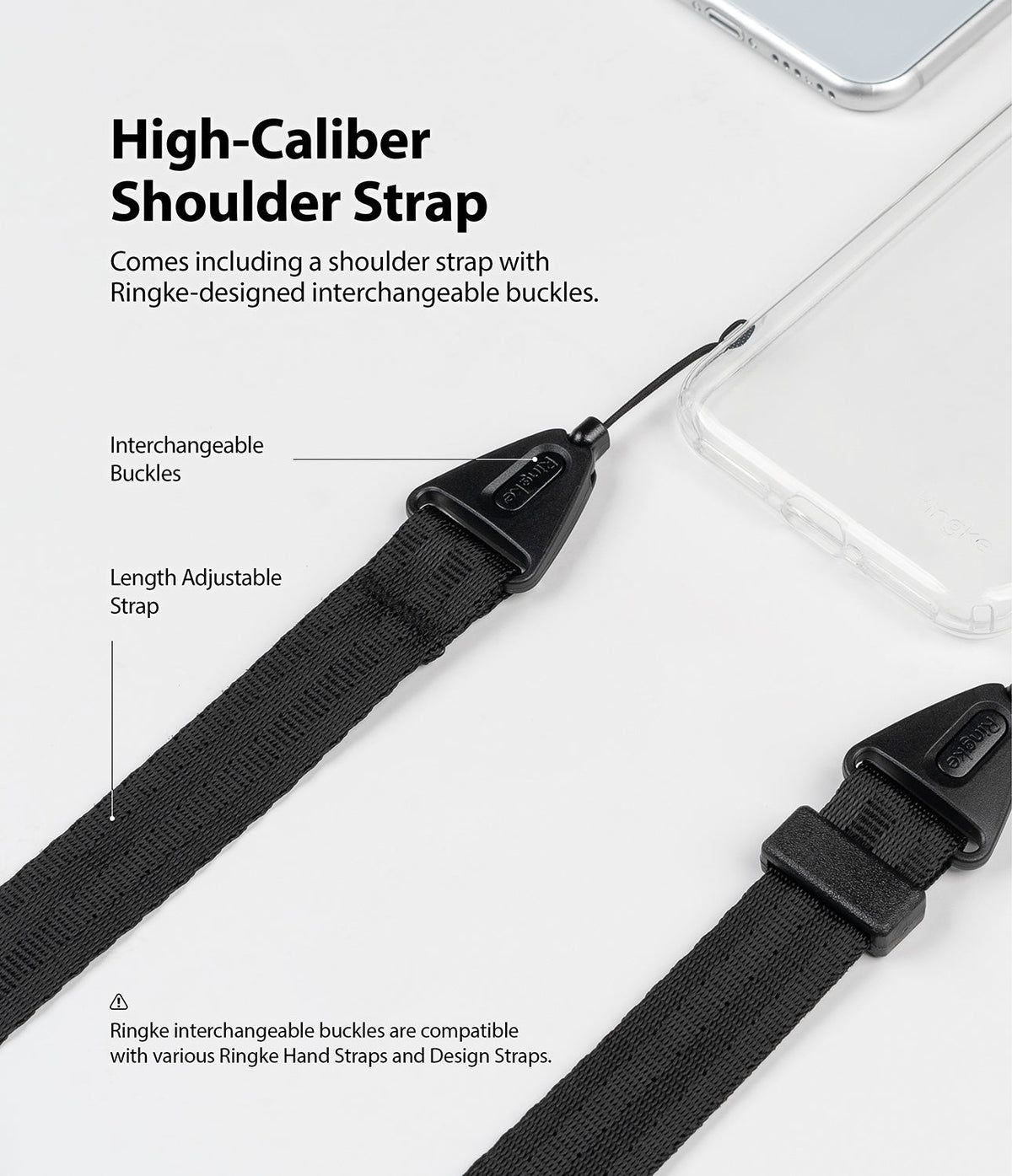 iPhone 12 Mini Case | Air + Shoulder Strap - Clear phone case with an adjustable black shoulder strap and interchangeable buckles.