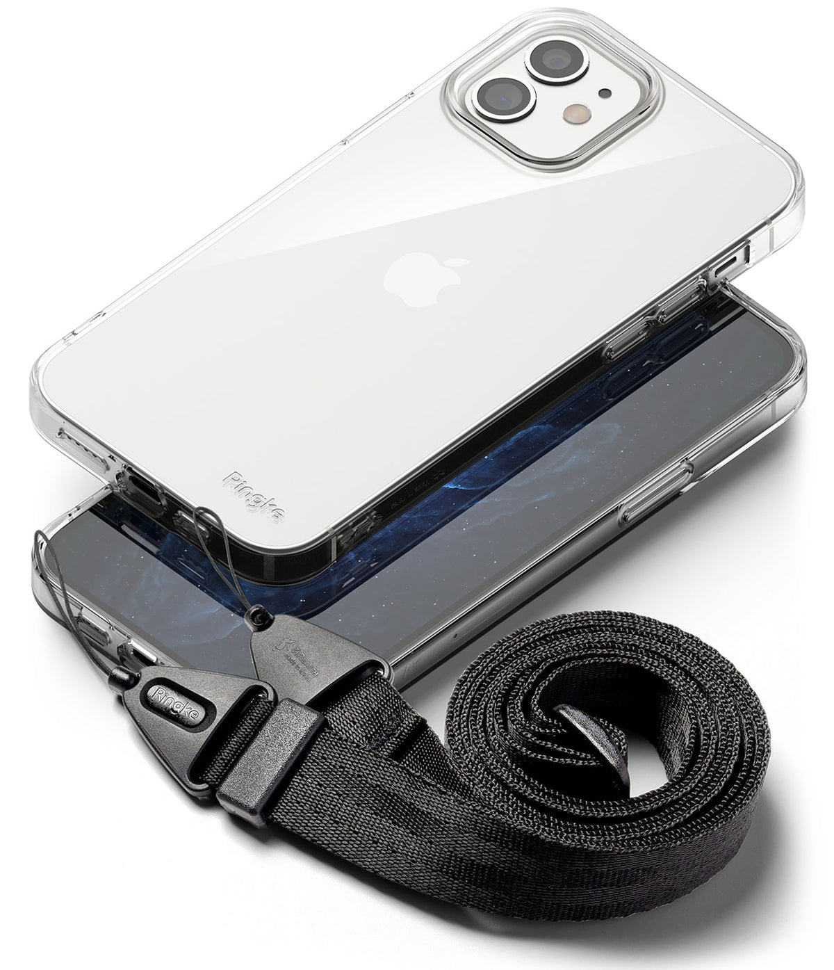 iPhone 12 Mini Case | Air + Shoulder Strap - Clear phone case on a smartphone with an attached black coiled shoulder strap.