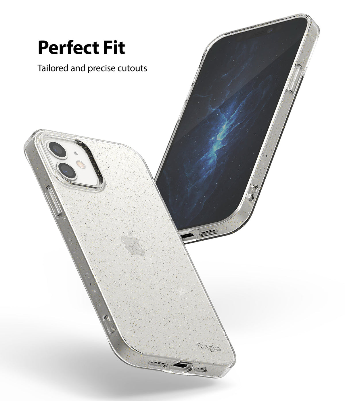 iPhone 12 Mini Case | Air + Shoulder Strap - Clear glitter phone case shown from front and back with precise cutouts.