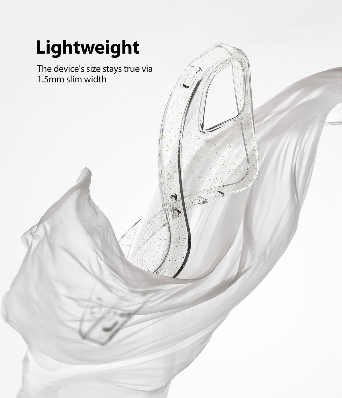 iPhone 12 Mini Case | Air + Shoulder Strap - A clear, glittery phone case floating amidst flowing white fabric.