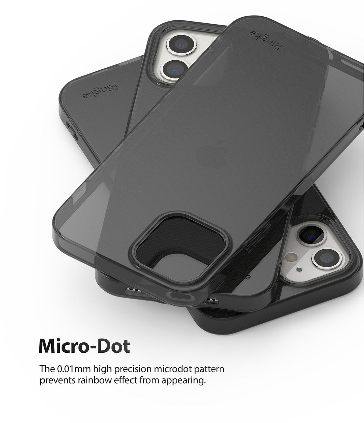 iPhone 12 Mini Case | Air + Shoulder Strap - Stacked translucent black phone cases showing a micro-dot pattern.