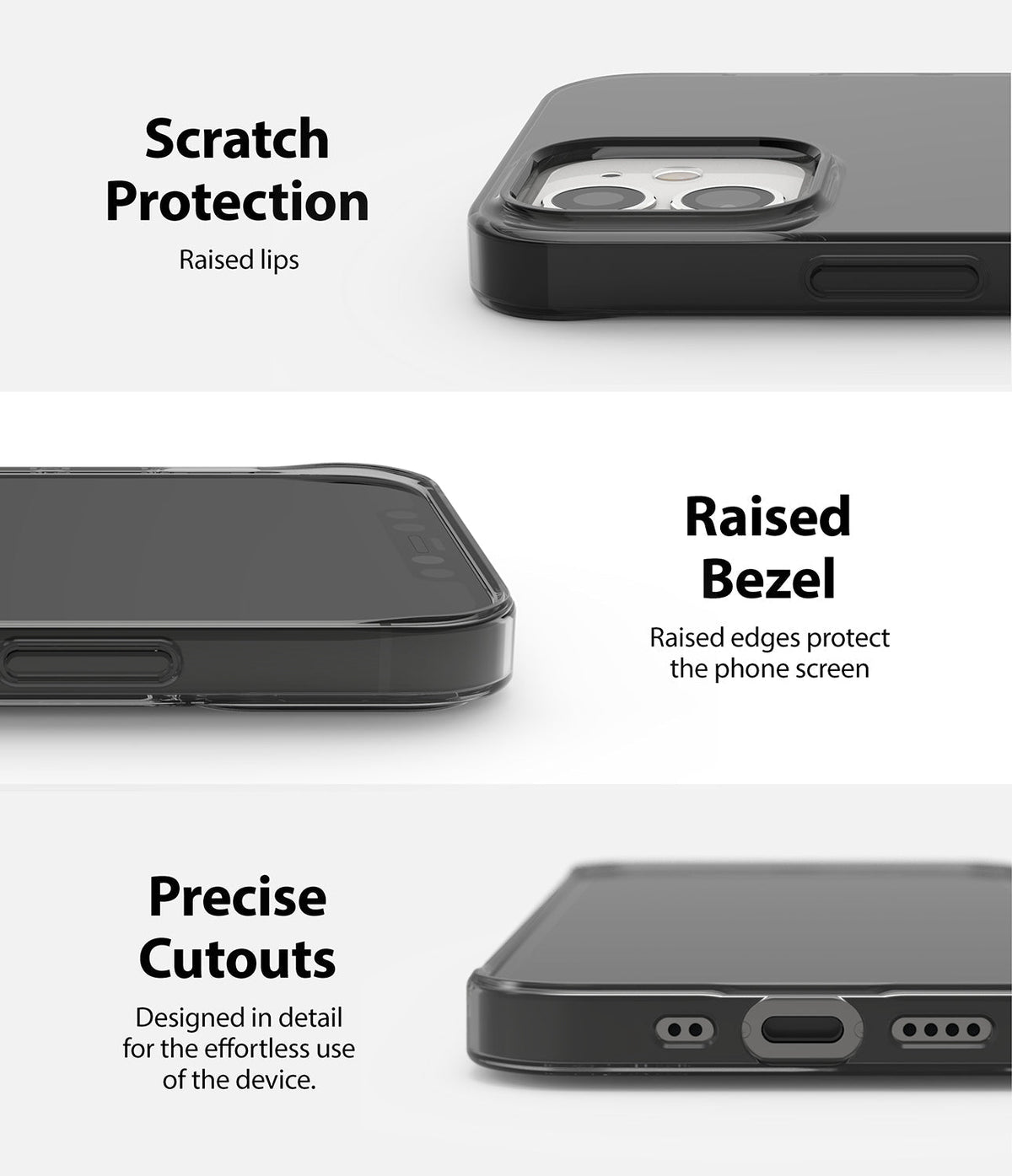iPhone 12 Mini Case | Air + Shoulder Strap - Close-up views of phone case features: raised camera lips, screen bezel, and port cutouts.