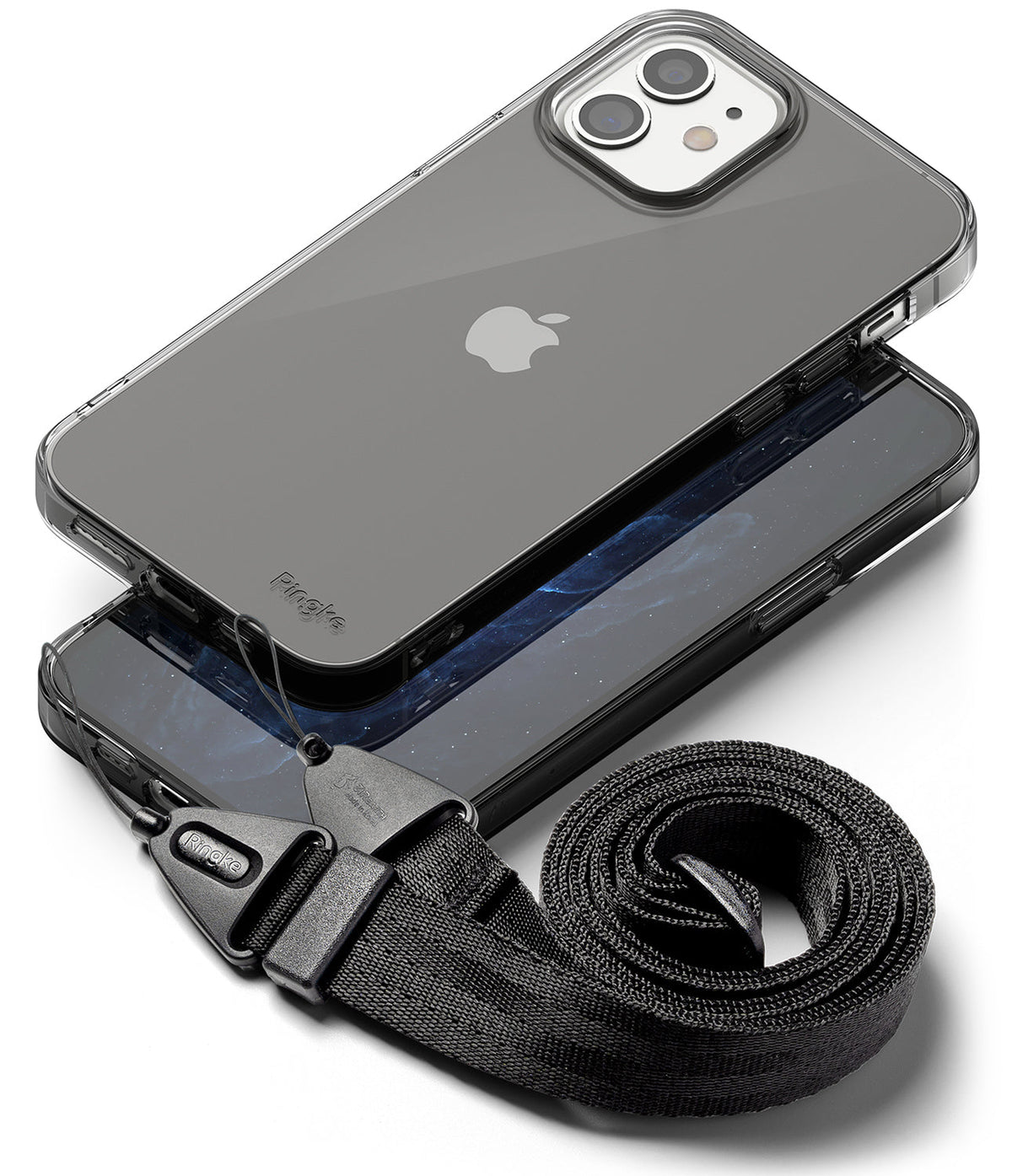 iPhone 12 Mini Case | Air + Shoulder Strap - Clear protective phone case with a black adjustable shoulder strap attached.