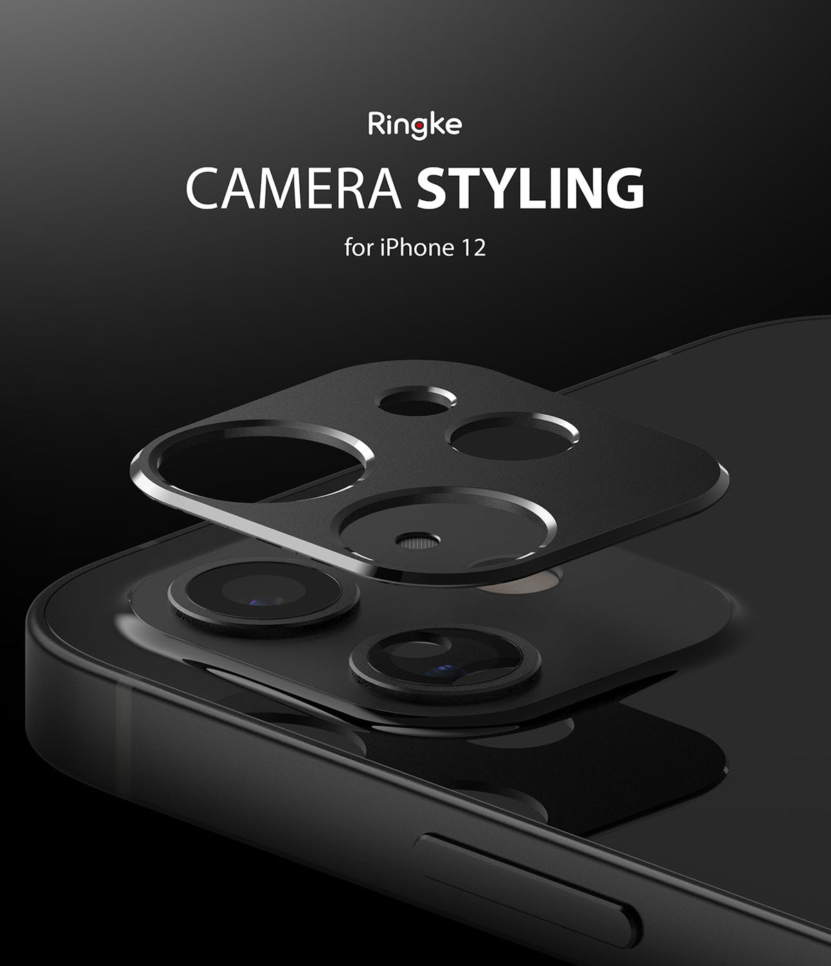 iPhone 12 | Camera Styling - A black camera lens protector hovering above the iPhone 12 camera module.