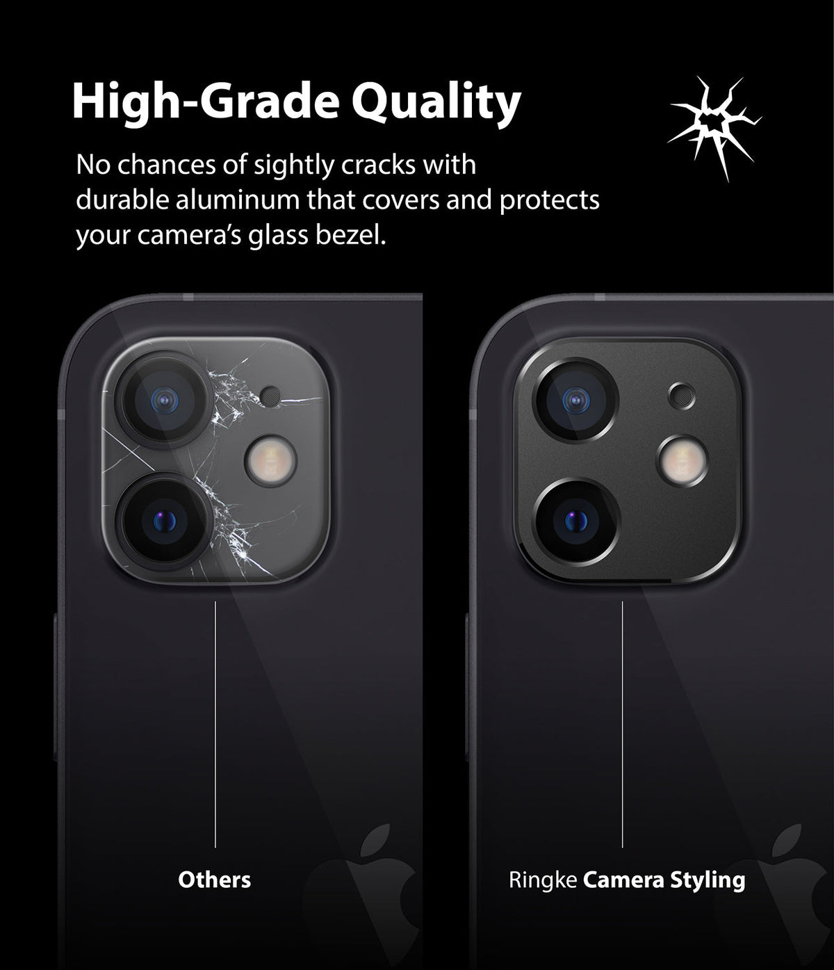iPhone 12 | Camera Styling - Comparison of a cracked phone camera lens versus one protected by a Ringke aluminum cover.