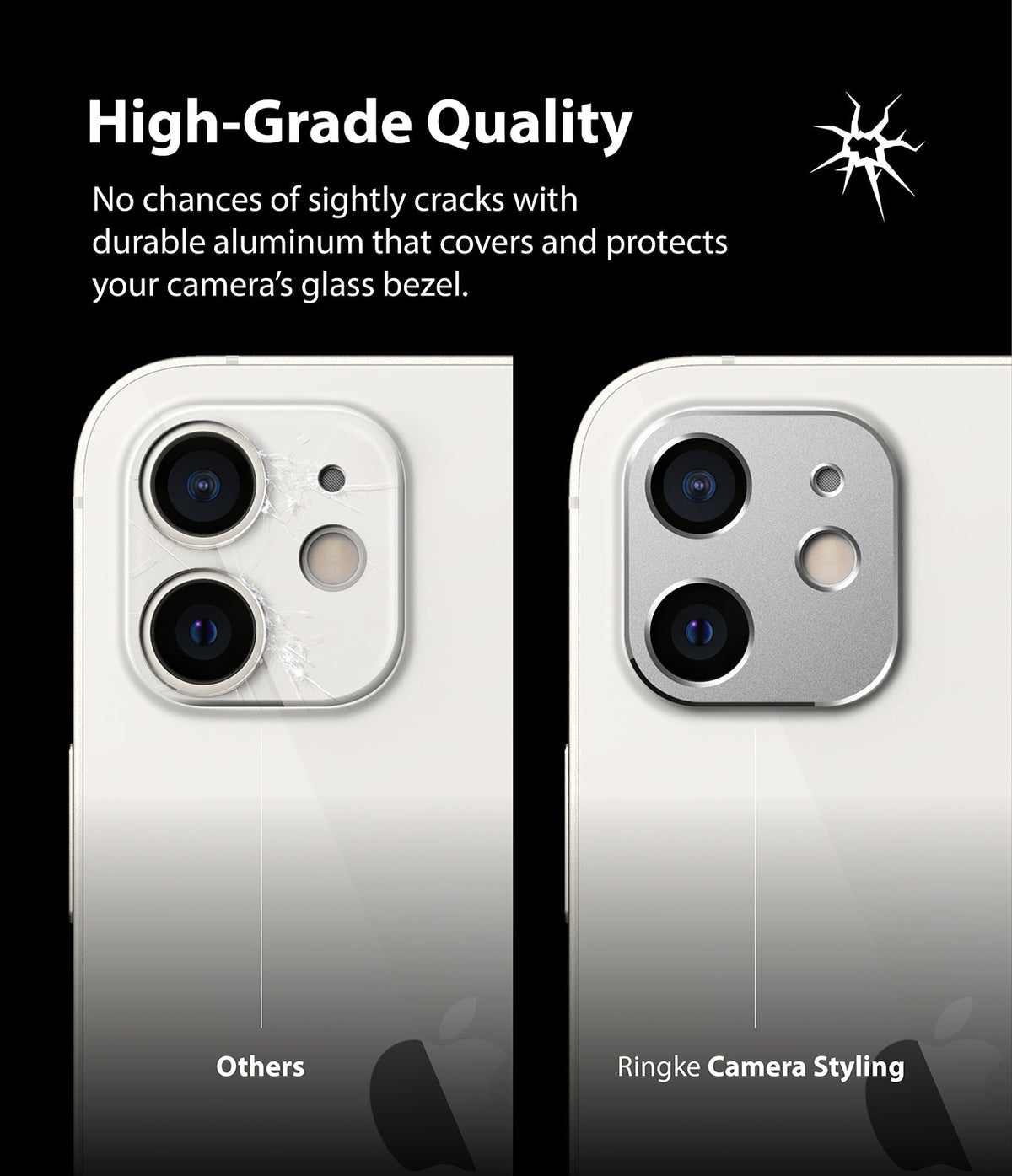 iPhone 12 | Camera Styling - Comparison of a cracked camera lens versus one protected by a durable aluminum Ringke cover.