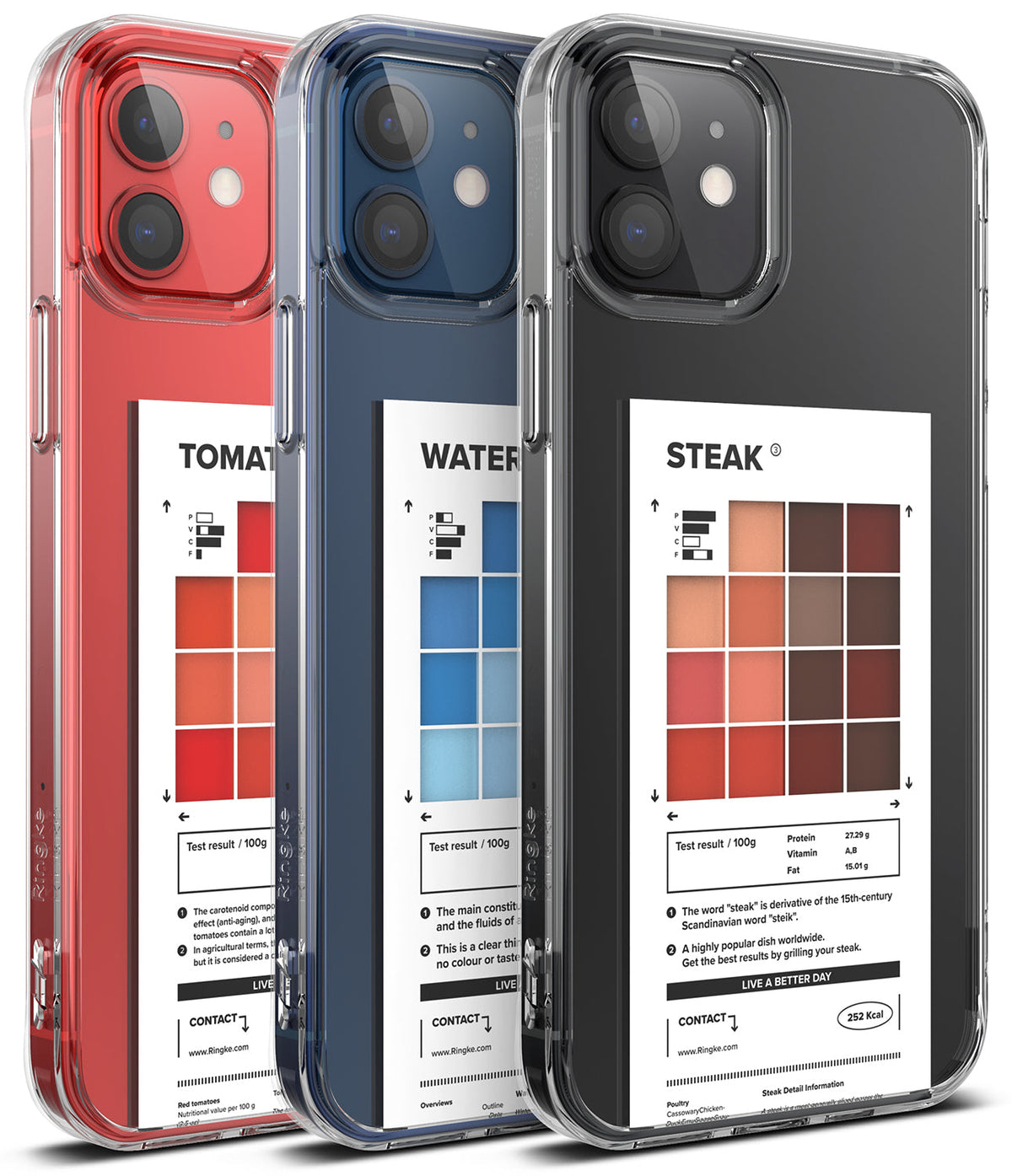 iPhone 12 / 12 Pro Case | Fusion Design Palette - Three clear phone cases with red, blue, and black inserts featuring food-themed nutritional label graphics.