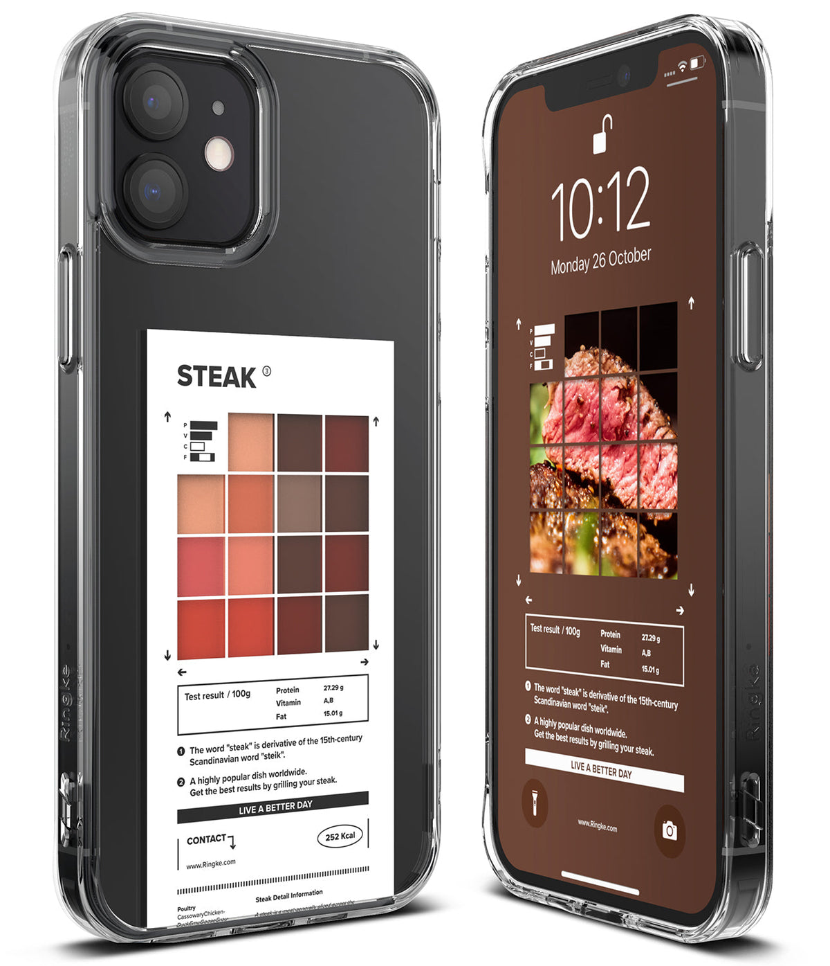 iPhone 12 / 12 Pro Case | Fusion Design Palette - Clear phone case displaying a steak-themed color palette and nutritional info.