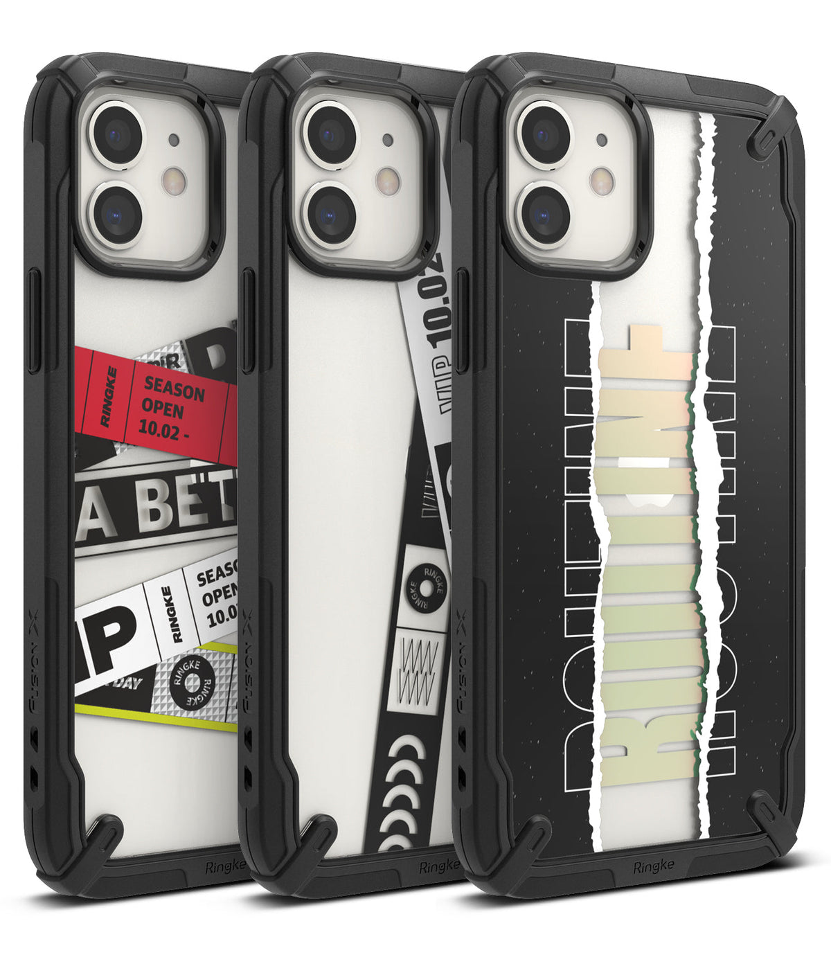 iPhone 12 / 12 Pro Case | Fusion-X Design - Three iPhone 12 cases with black bumpers and distinct graphic back designs.