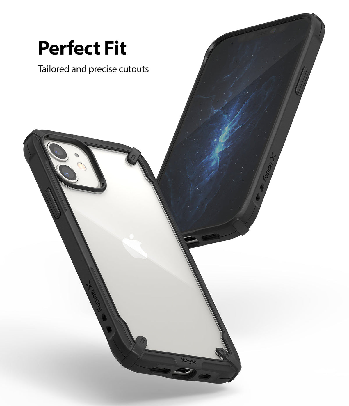 iPhone 12 Mini Case | Fusion-X - Black Fusion-X protective case on an iPhone 12 Mini showing clear back and precise cutouts.