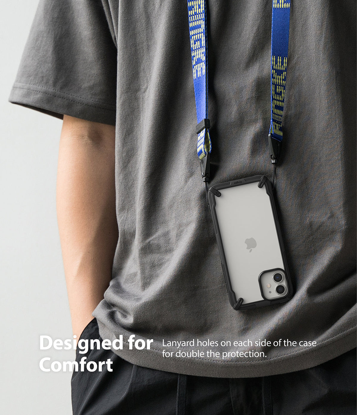 iPhone 12 Mini Case | Fusion-X - iPhone 12 Mini in a black protective case hanging from a blue branded neck lanyard.