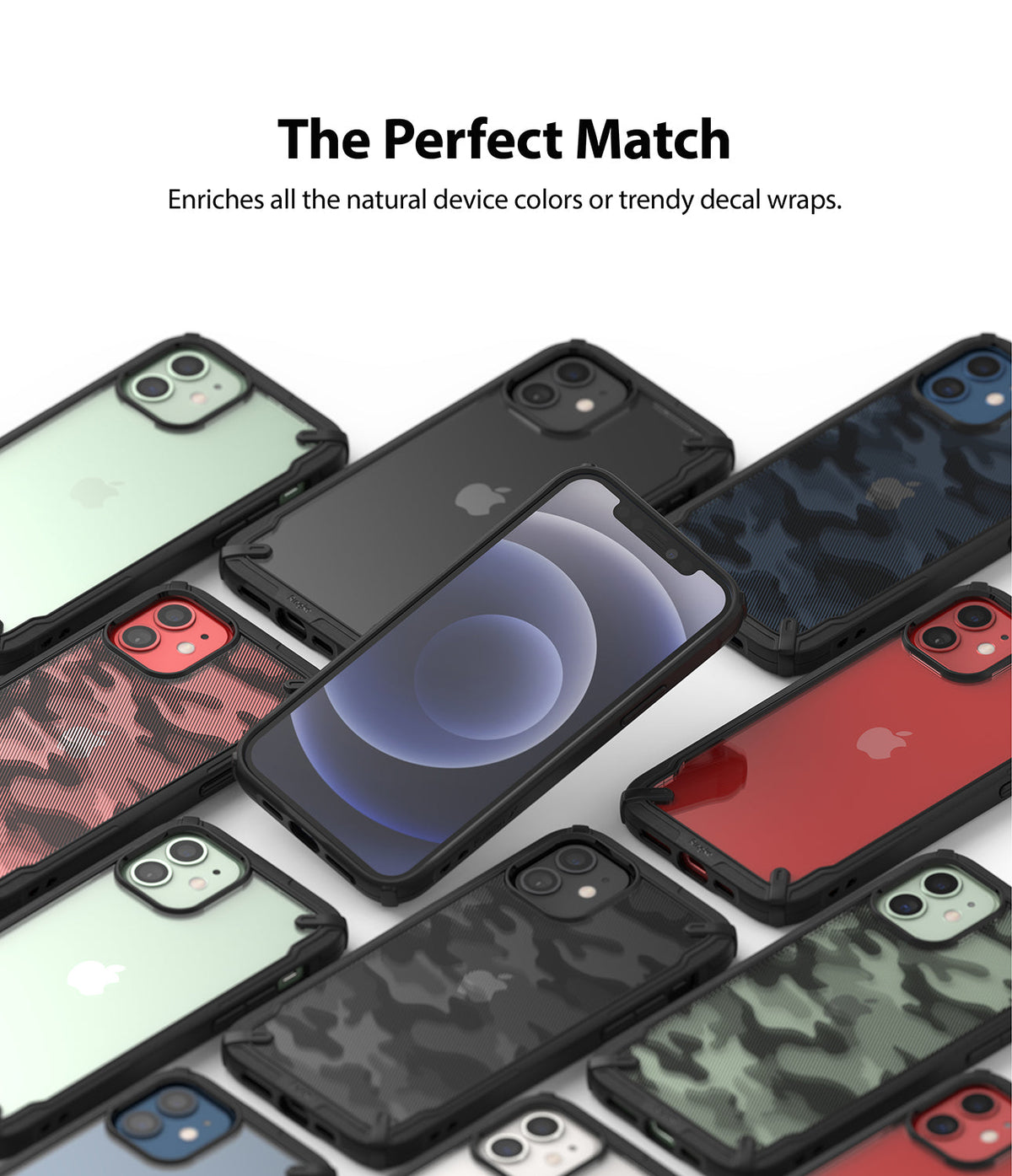 iPhone 12 Mini Case | Fusion-X - Multiple iPhone 12 Mini phones in black Fusion-X cases with various colored and camo backings.