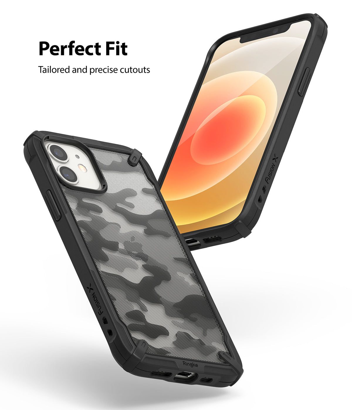 iPhone 12 Mini Case | Fusion-X - Black camouflage protective phone case with precise cutouts shown from front and back.