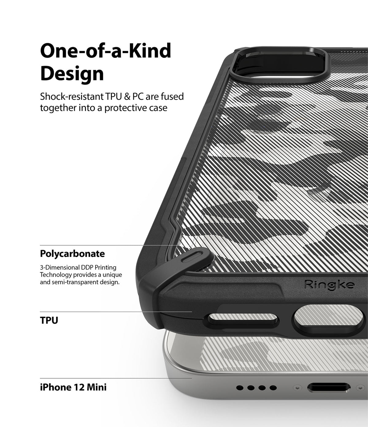 iPhone 12 Mini Case | Fusion-X - Close-up of a camo-patterned phone case highlighting TPU and polycarbonate construction.